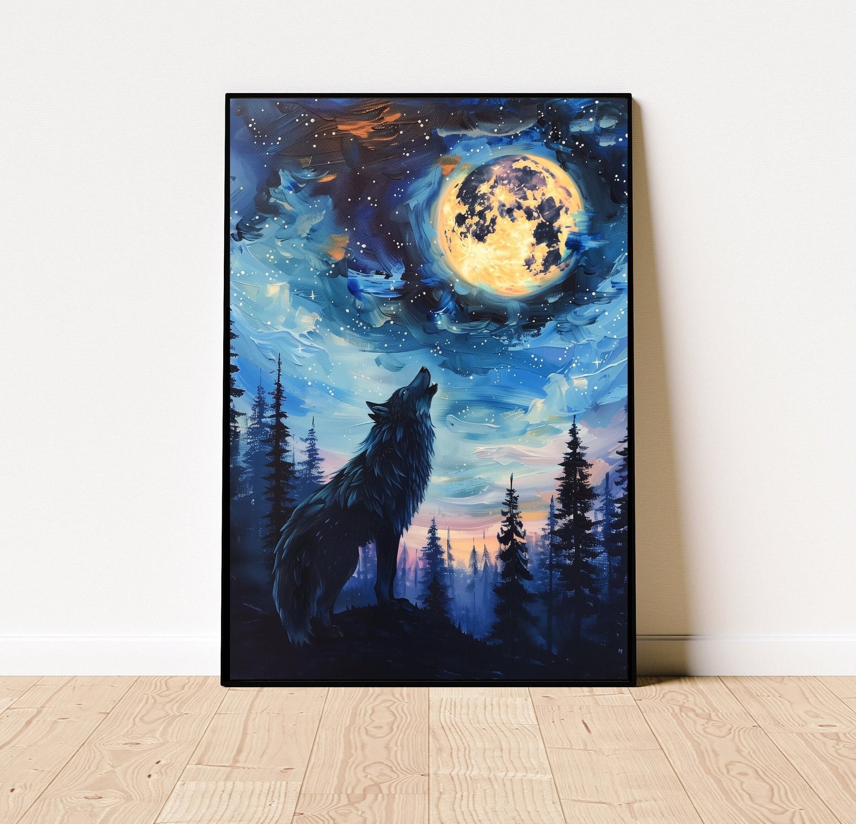 Black Wolf Full Moon Wall Art, Oil Painting, Black Wolf Landscape Poster, Moonlit Night Wolf Howling Abstract Art, Full Moon Wolf Print