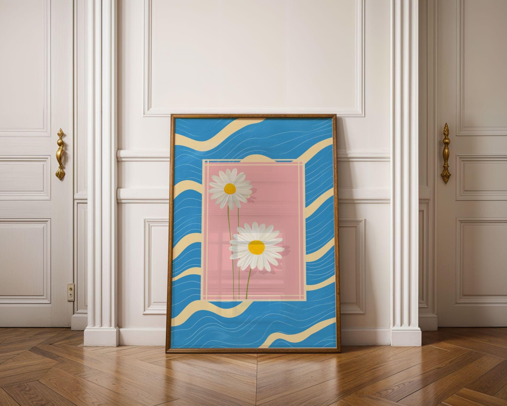 Daisy Flower Wall Art – Pastel Pink and Blue Retro Print, Coquette Room Decor, Cottagecore Daisy Poster, Coastal Floral Art, Pink Floral Art