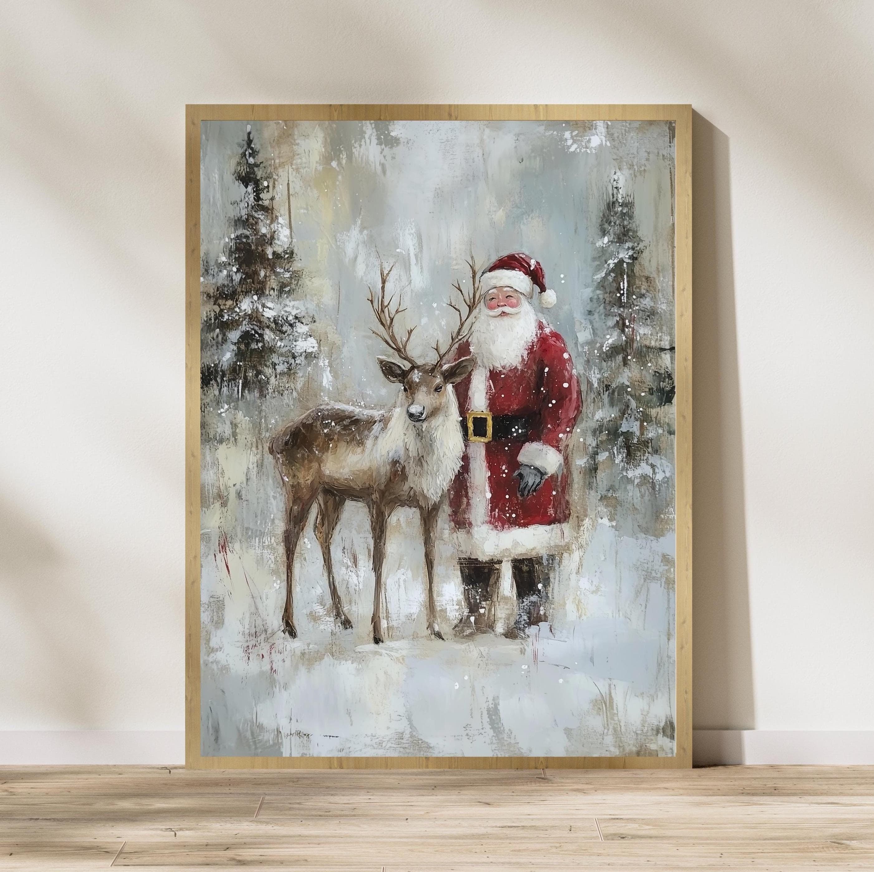Santa Claus Reindeer Wall Art Print, Forest Snowfall in Winter Printable, Christmas Home Decor, Digital Download, Holiday Home Improvement