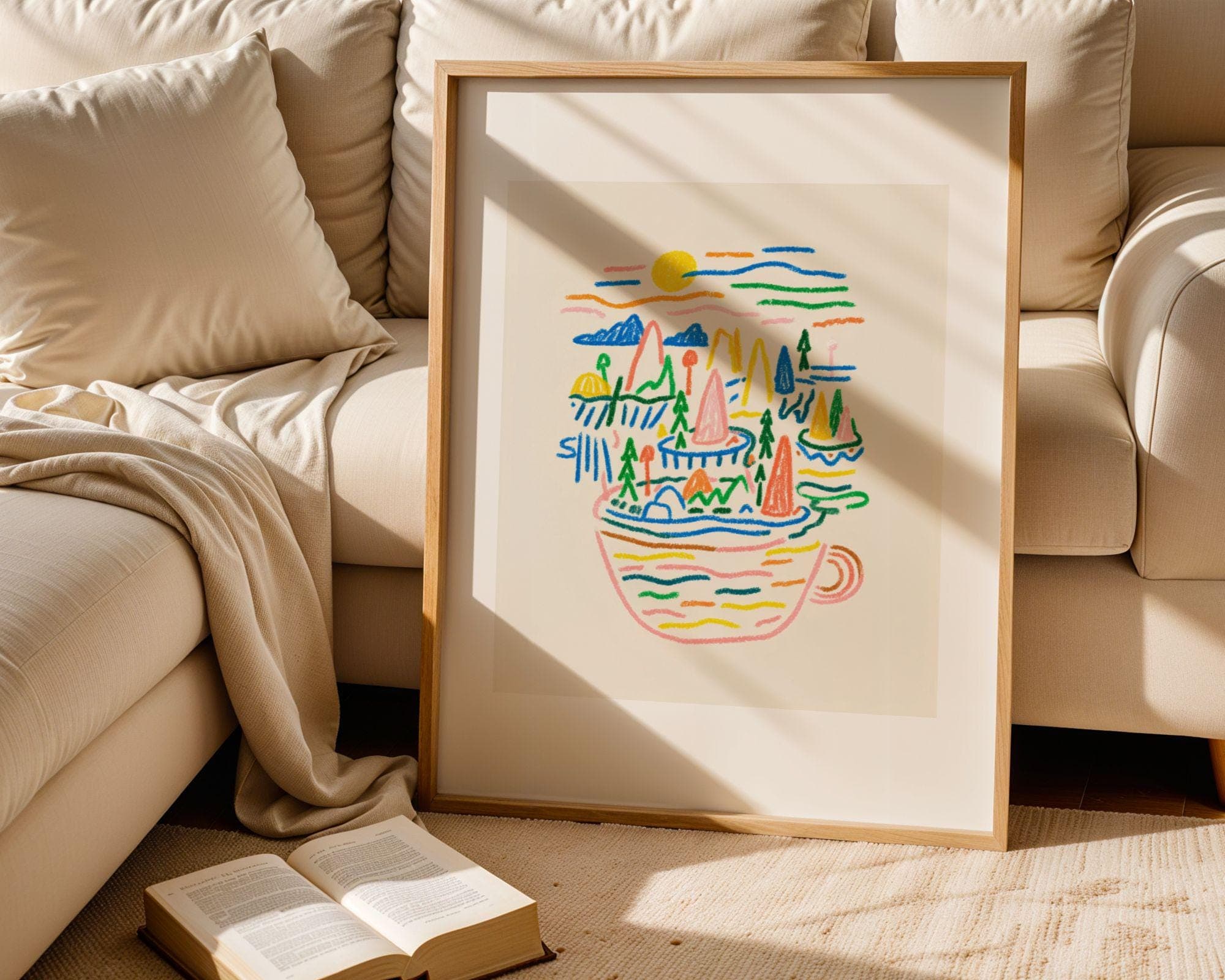 Colorful Abstract Coffee Cup Landscape Wall Art, Modern Minimalist Art, Coffee Art Print – Playful Abstract Line Drawing, Modern Pop Art - view 2