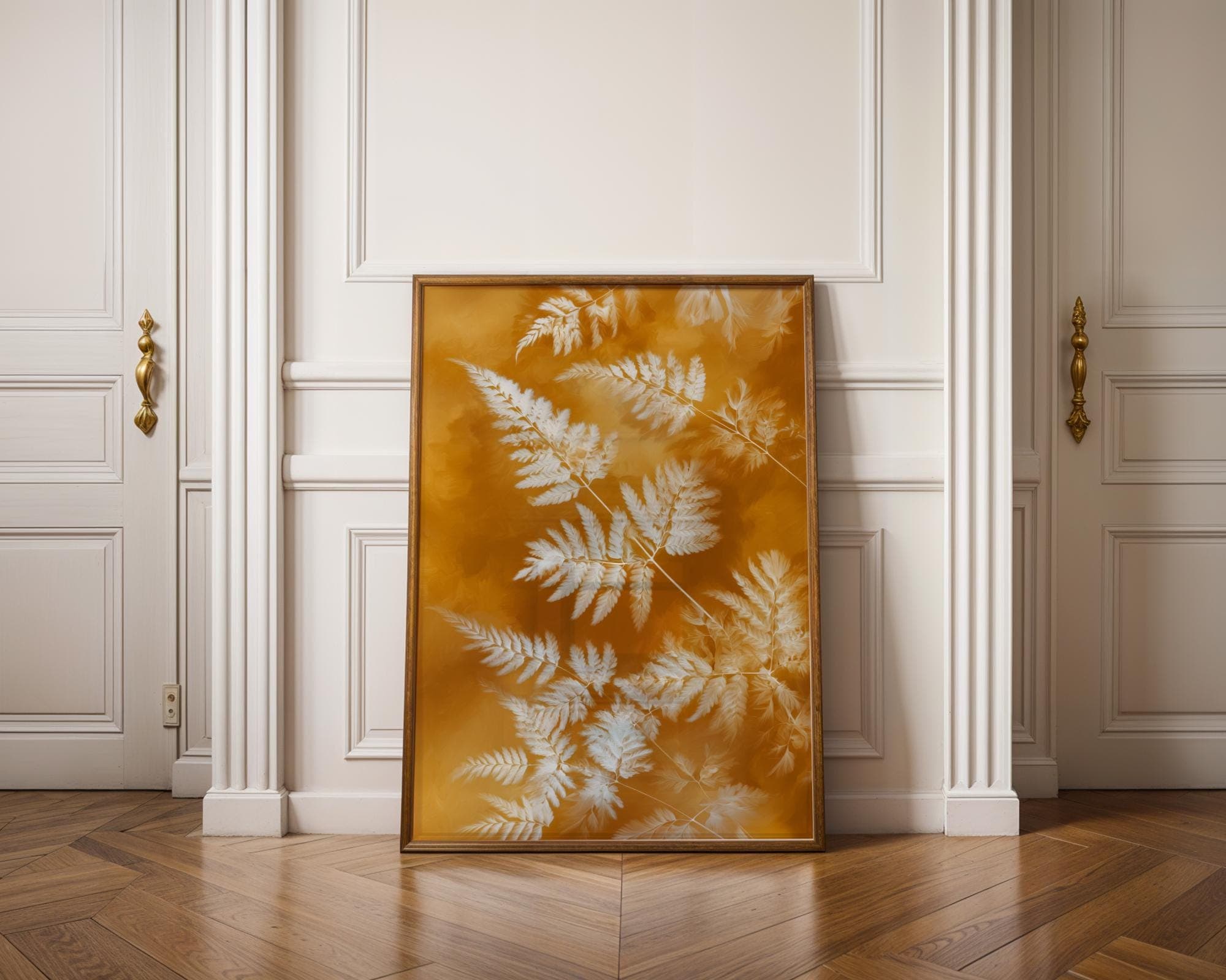 X Ray Botanical Fern Print on Gold Background Modern Leaf Wall Art, Botanical Print for Boho Living Room Decor, Modern Minimalist Nature Art