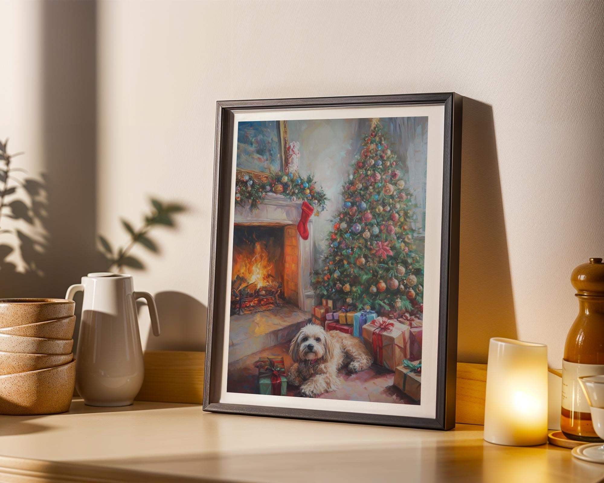 Festive Christmas Dog Painting, Rustic Christmas Wall Art, Warm Christmas Print, Festive Fireplace Art, Digital Download, Dog Christmas Art - view 7