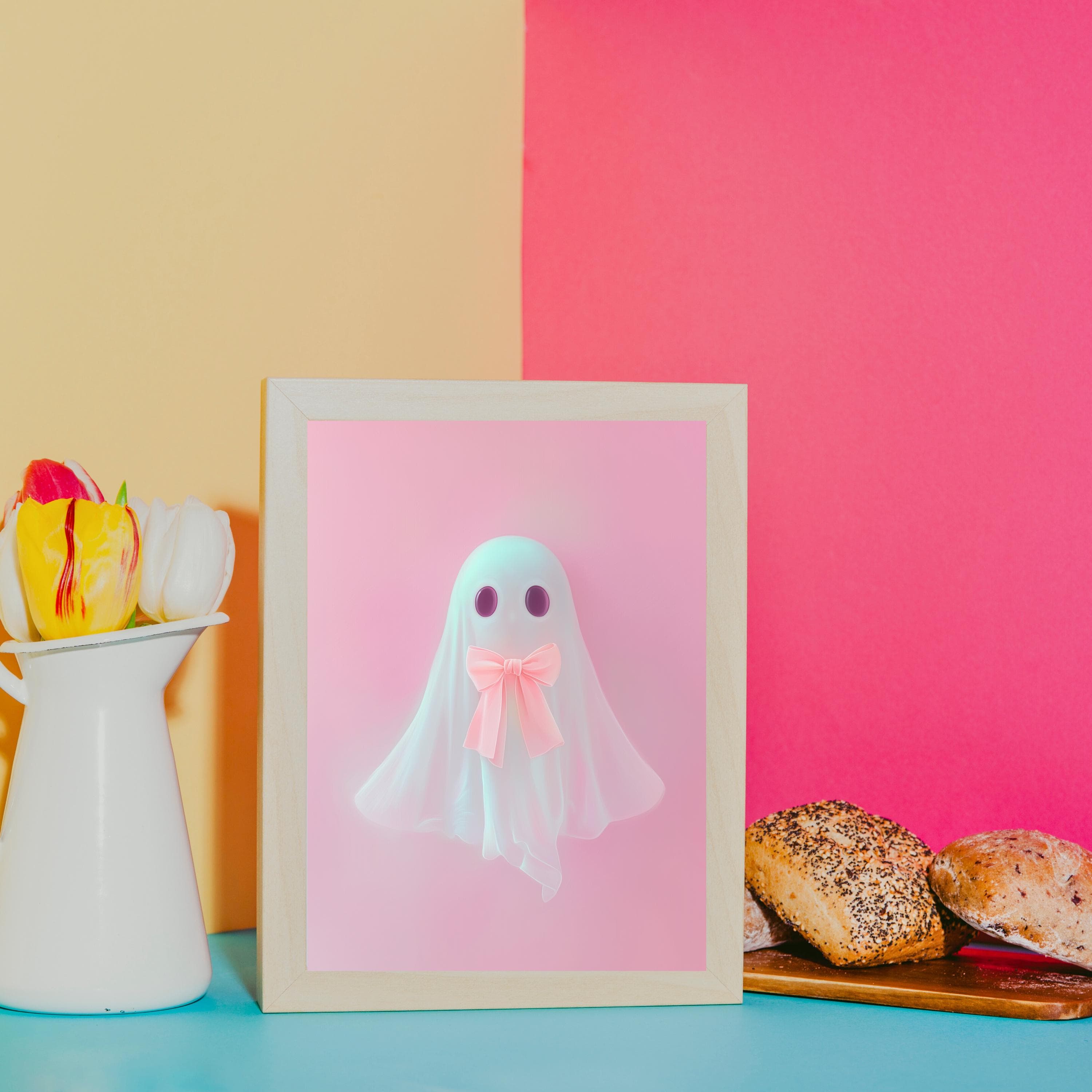 Pink Ghost Wall Art Print Pink Bow Ghost Printable Cute Ghost Painting Coquette Aesthetic Halloween Decor Preppy Trendy Girly Digital Art - view 5