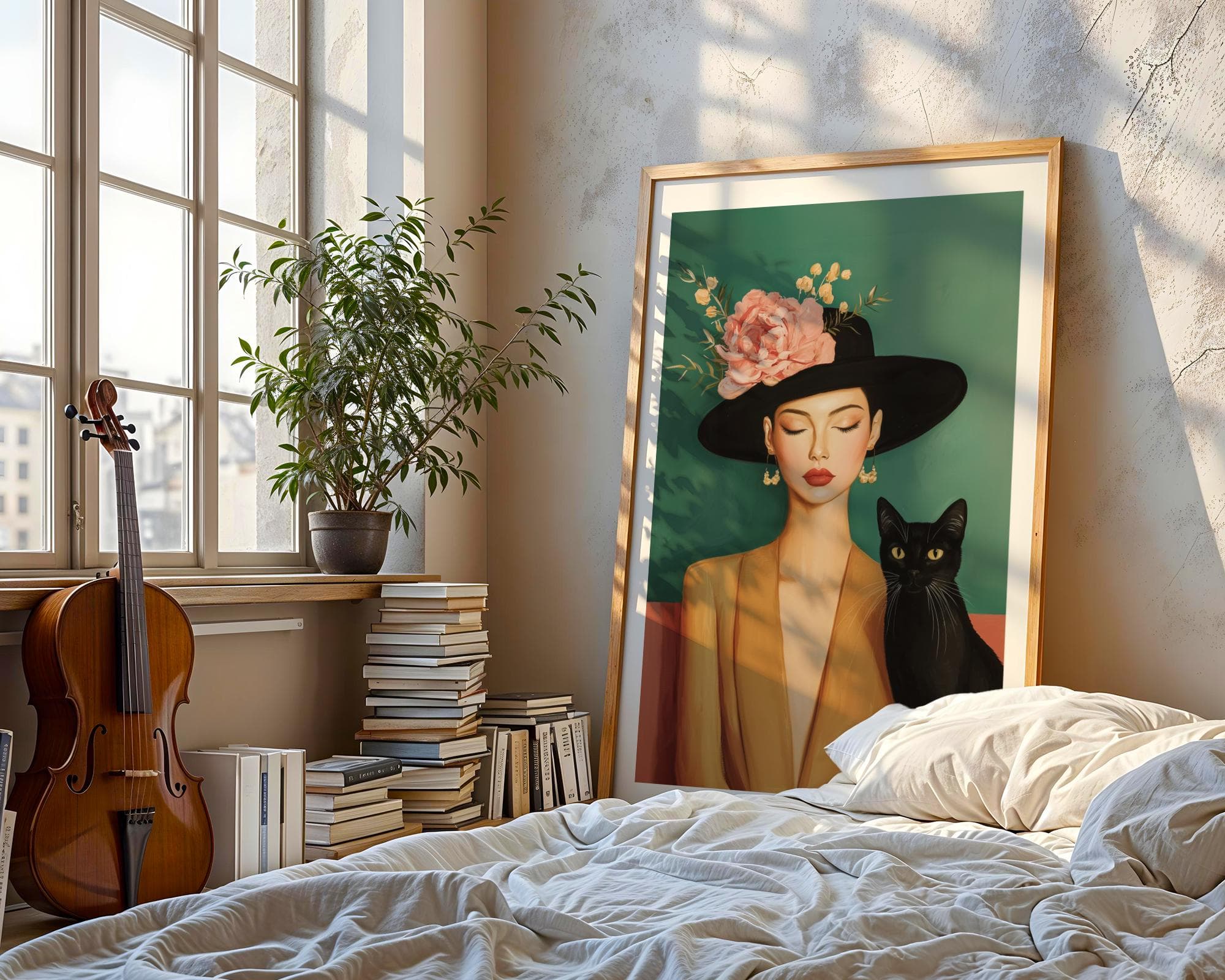 Chic Female Portrait with Cat Art, Artistic Lady and Cat Print, Black Cat with Woman Illustration, Chic Modern Artwork, Stylish Digital Art - view 4