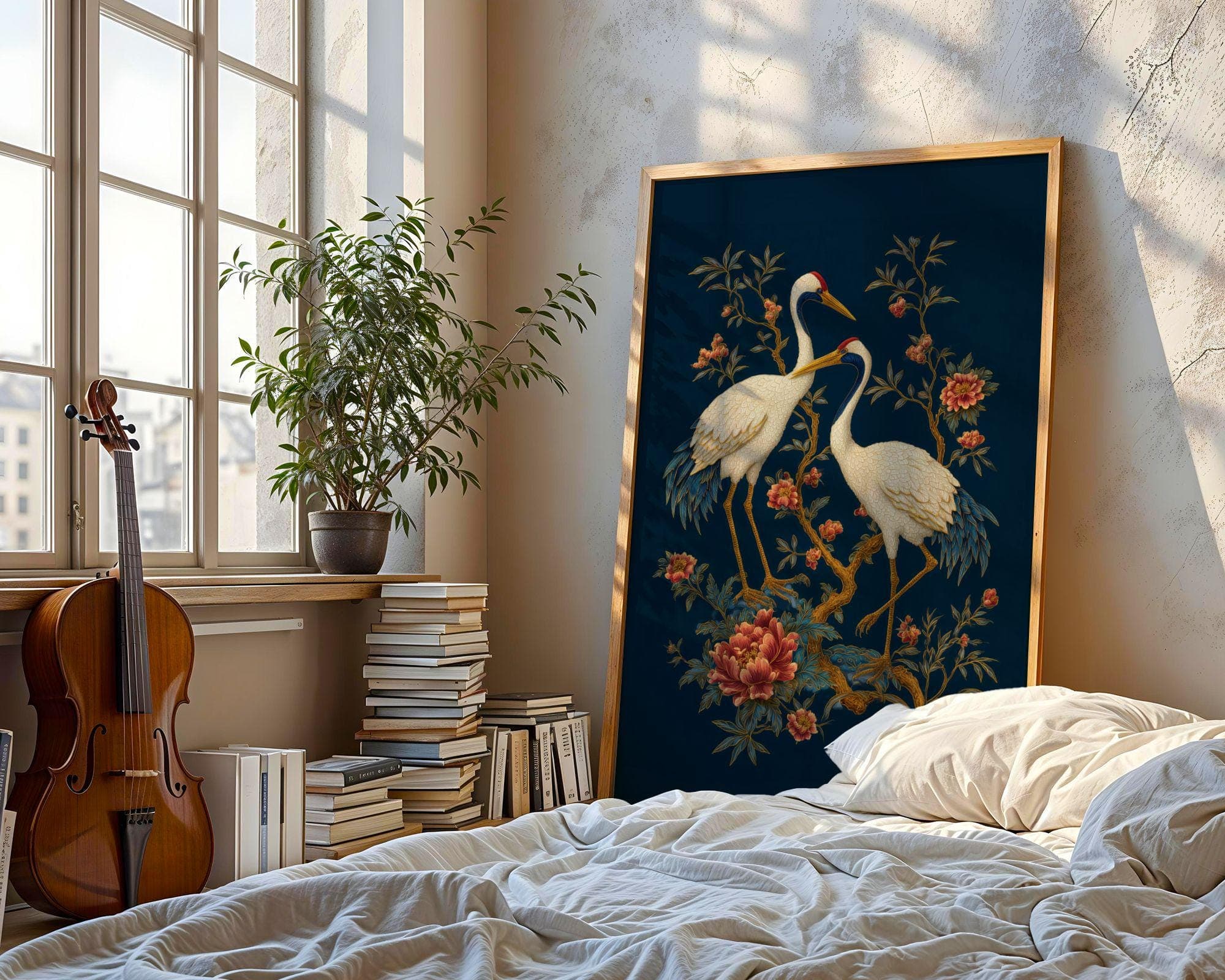 Gold Crane Wall Art Blue Oriental Decor, Japanese Crane Wall Art Print, Gold Asian Bird Painting, Oriental Floral Decor, Japandi Crane Art - view 5