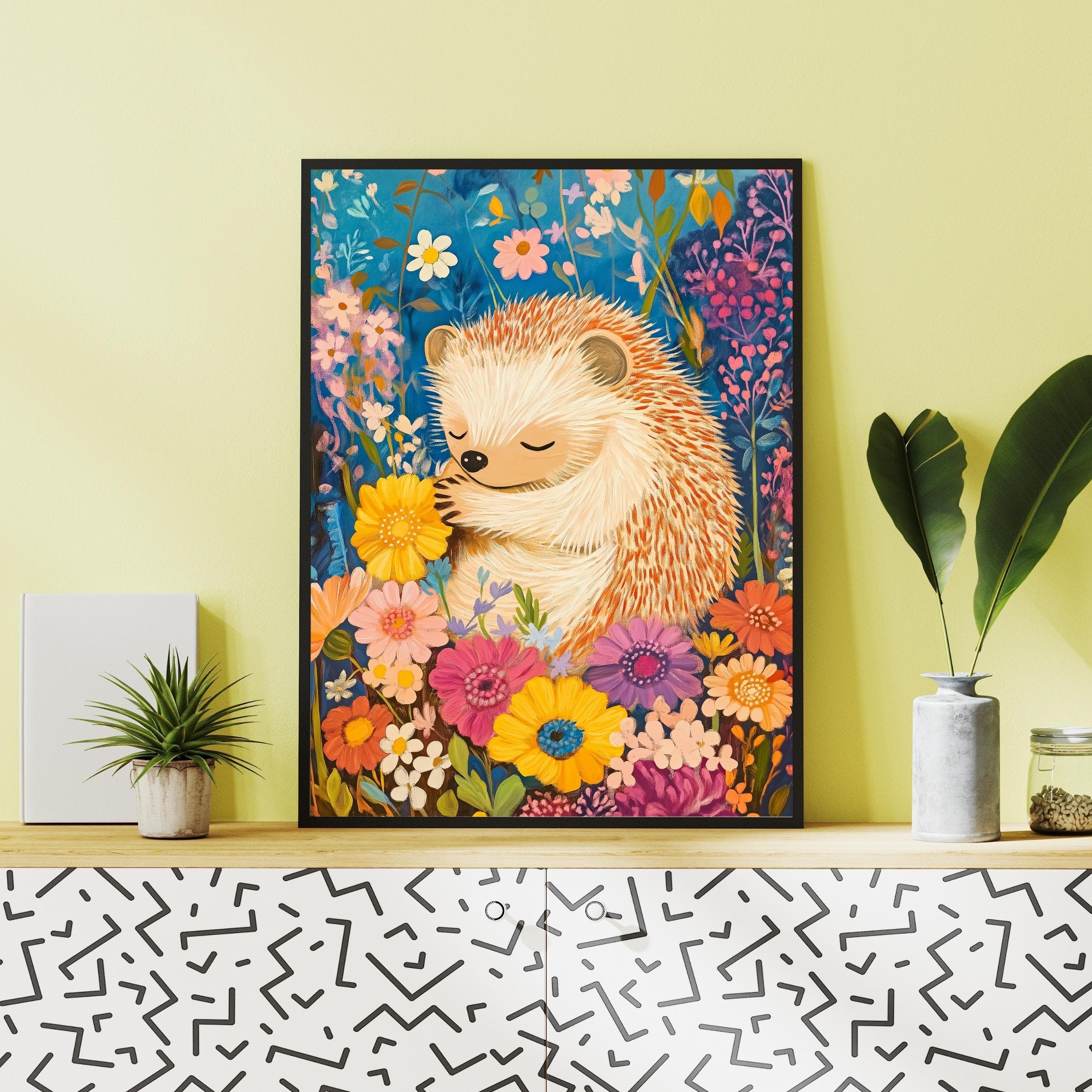 Whimsical Hedgehog Wall Art, Colorful Animal Nursery Art, Nature Wall Decor, Whimsical Hedgehog in Flower Garden, Oil Painting Hedgehog Art - view 5