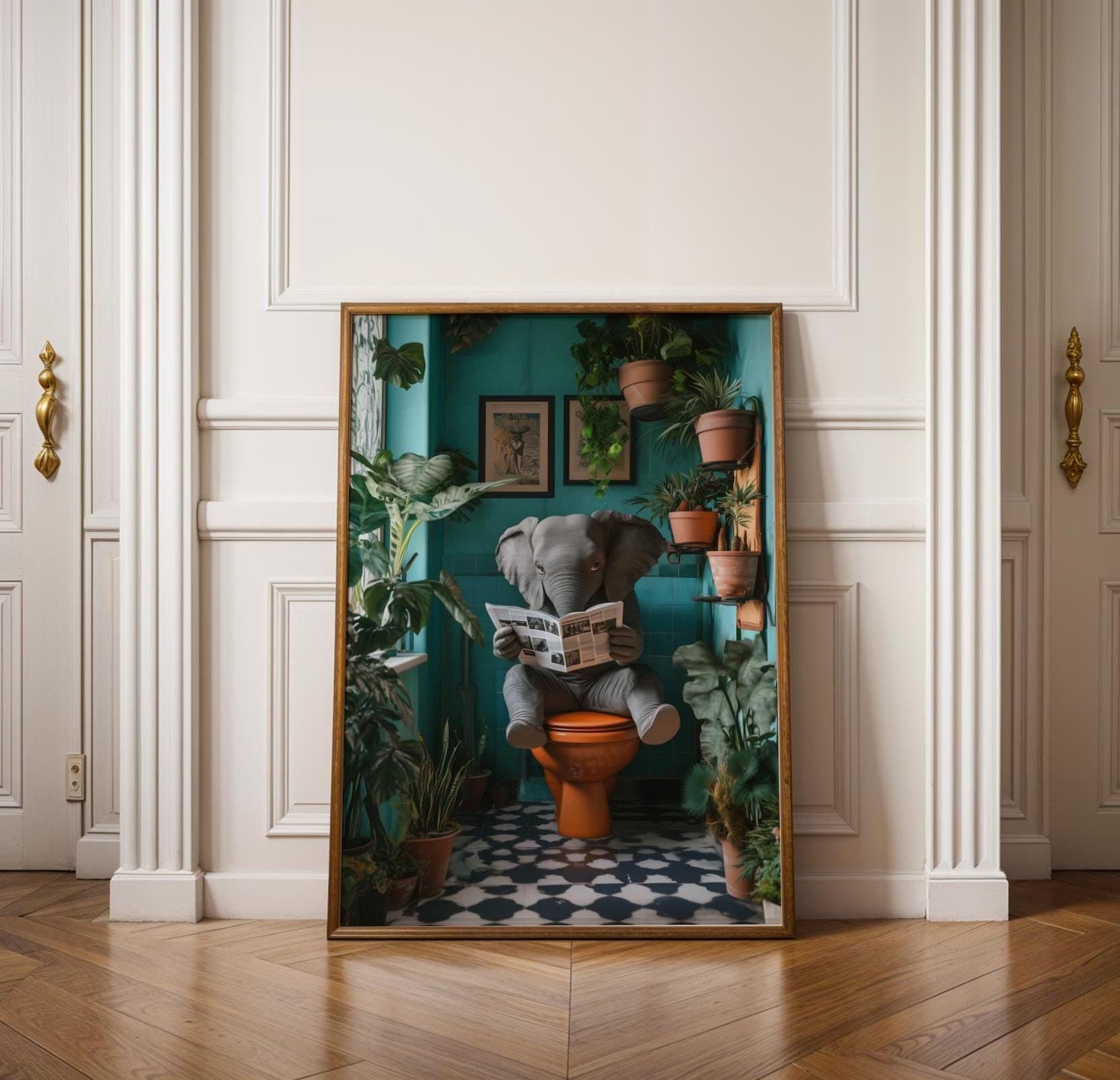 Funny Elephant Bathroom Art, Elephant Toilet Art, Whimsical Wall Print, Funny Elephant Wall Poster, Elephant Lover Gift, Digital Download