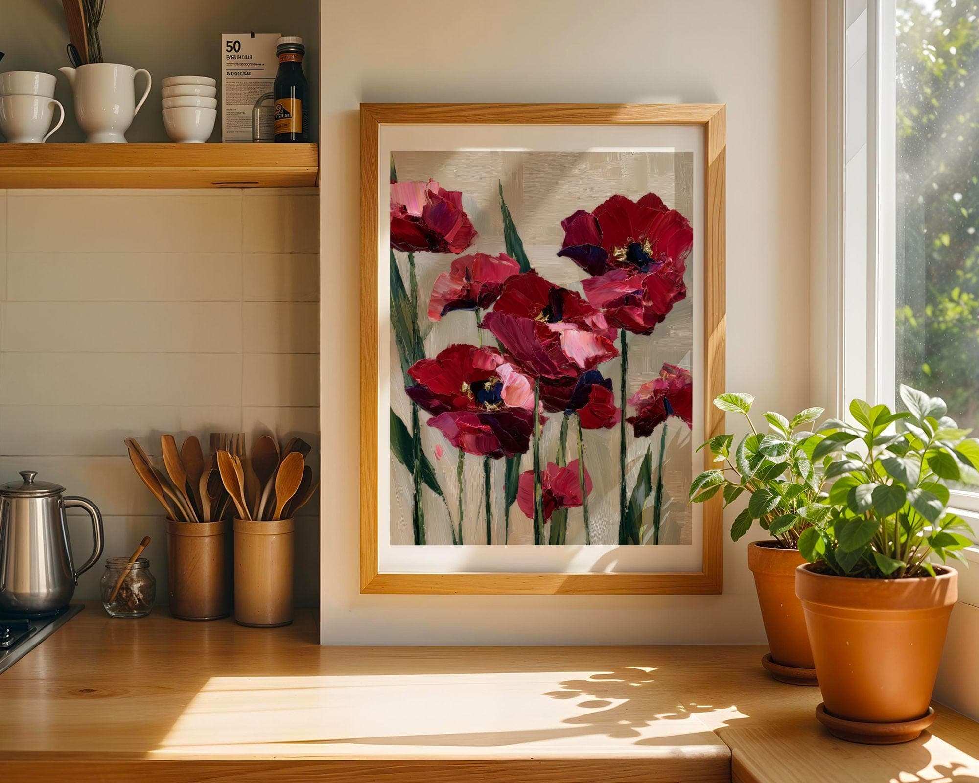 Red Blossom Painting | Contemporary Floral Art, Crimson Poppies Painting, Textured Floral Oil Painting Print, Poppy Flower Oil Print - view 7