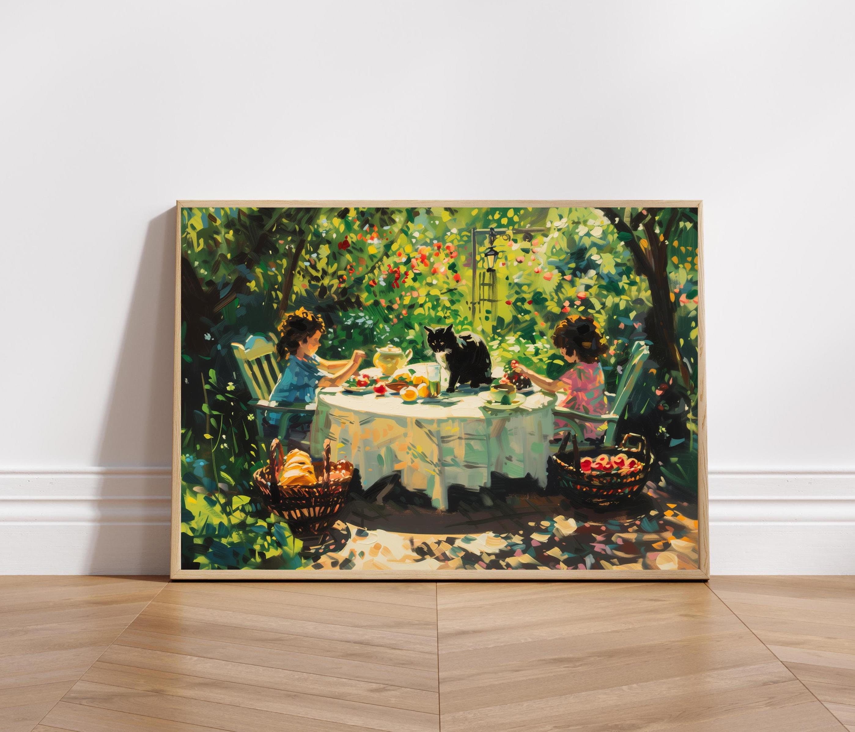 Black Cat Garden Print, Impressionist Whimsical Art (Digital Download)