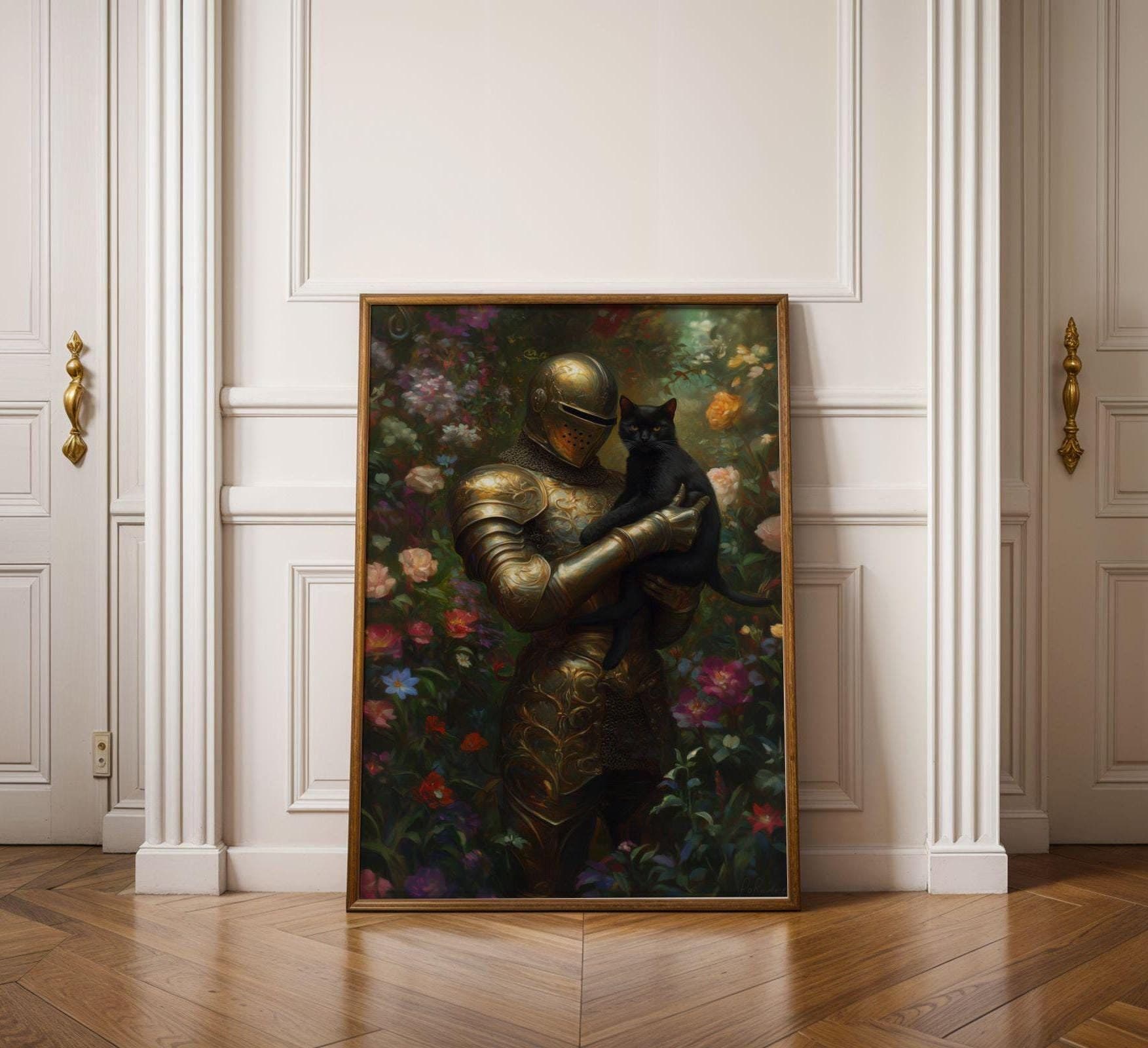 Medieval Knight and Black Cat Painting, Medieval Fantasy Painting, Fantasy Art, Whimsical Cat Decor, Digital, Maximalist, Floral Art Decor
