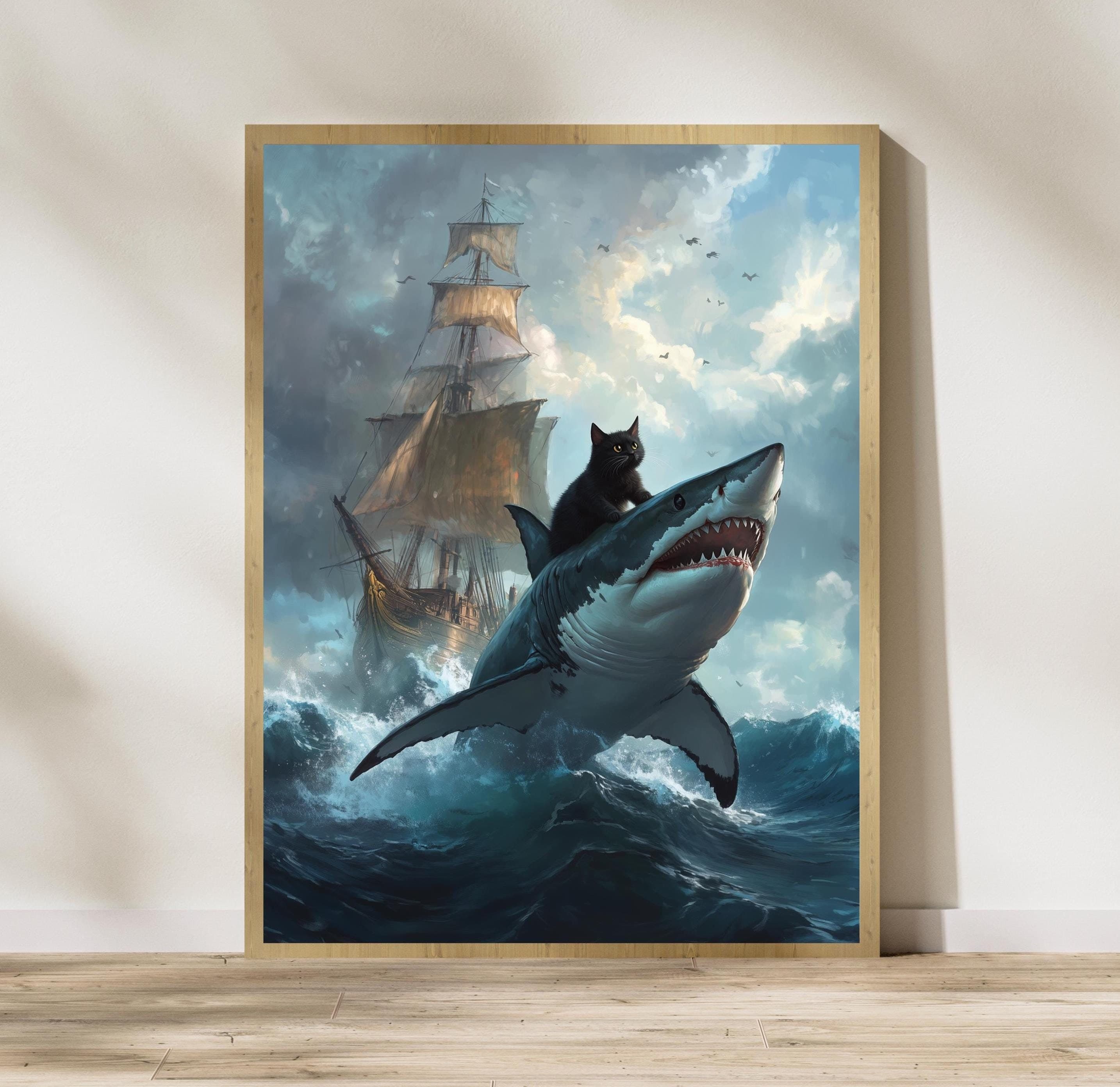 Black Cat in a Sea Ride the Shark Wall Art, Funny Black Cat Wall Decor, Maximalist Cat Wall Art, Black Cat Digital Wall Art, Black Cat Decor