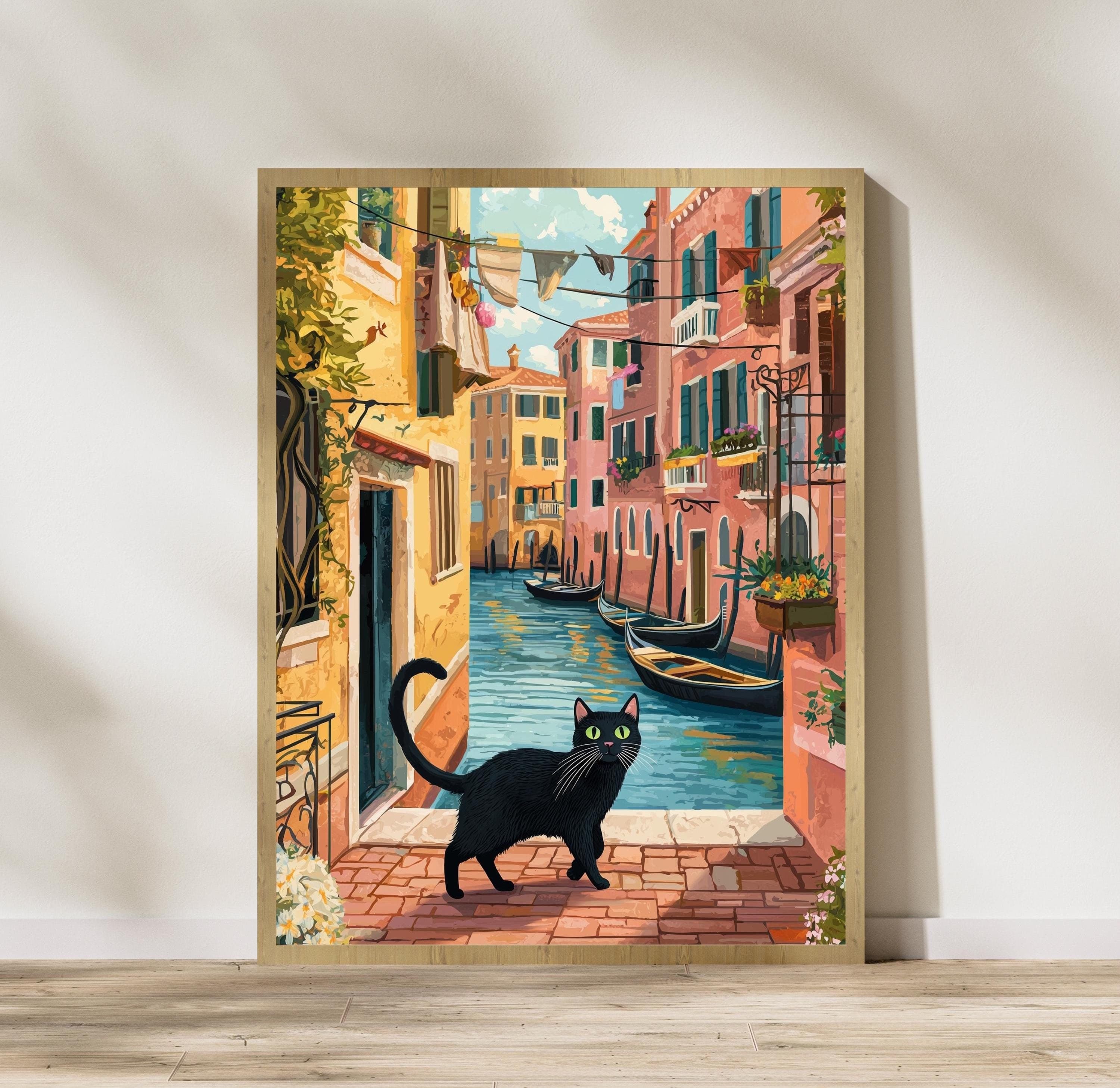 Venice Print, Venice Poster, Venice Wall Art, Venice Black Cat Poster, Colorful Black Cat Venice Wall Art, Italy Wall Art, Eclectic Cat Art