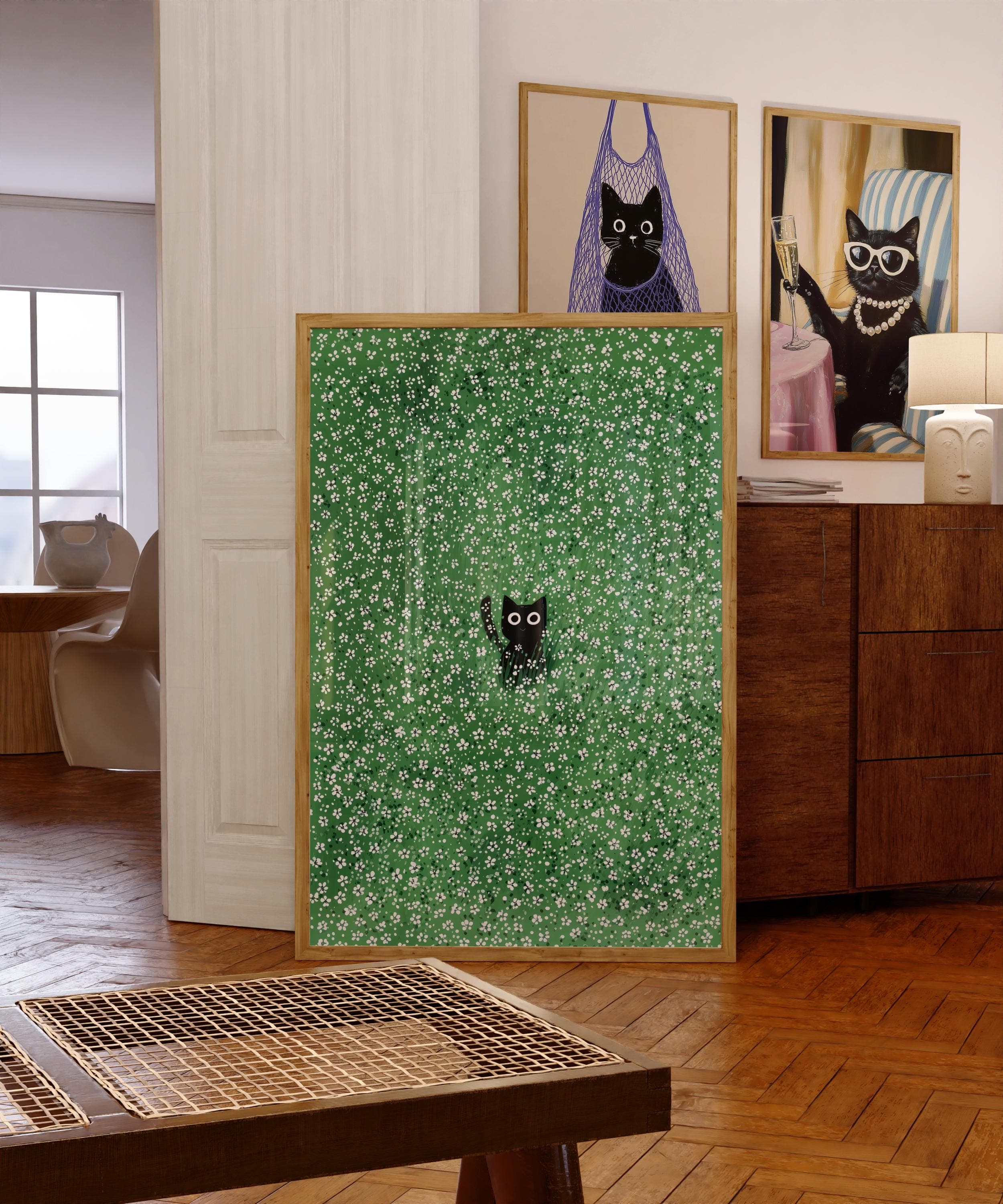 Cat in Meadow Art Print, Green Floral Background Animal Lover, Black Cat Wall Art – Minimalist Floral Print, Quirky Cat Decor, Black Cat Art