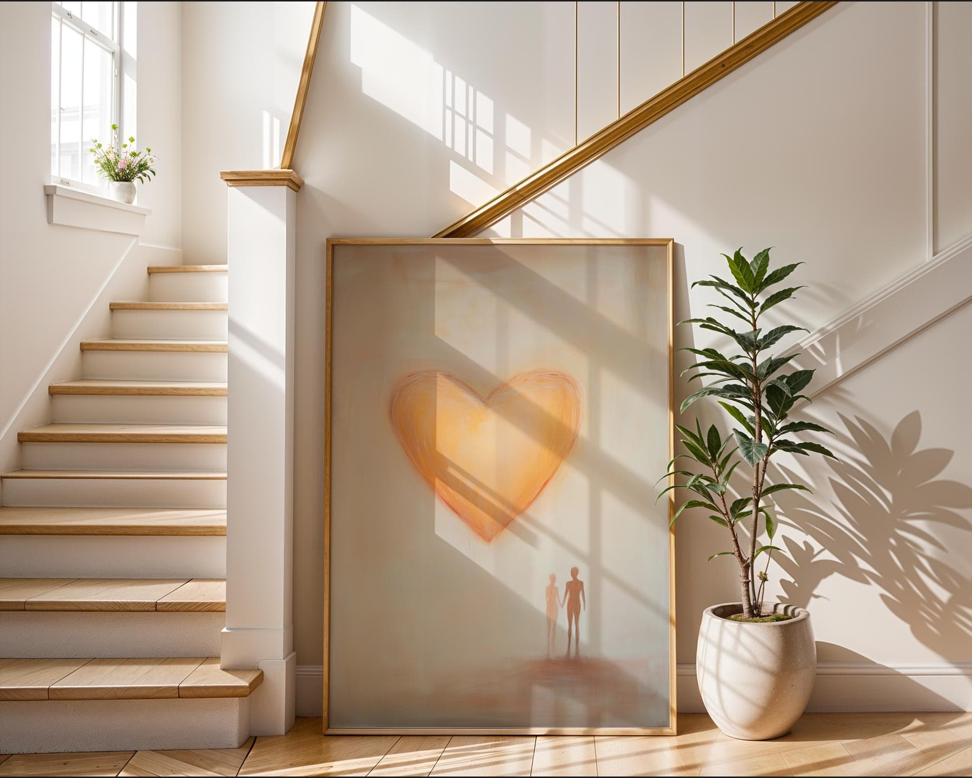 Golden Yellow Heart Painting, Minimalist Romantic Decor, Romantic Heart Art, Warm Bedroom Wall Decor, Digital Heart Art, Valentines Wall Art - view 2