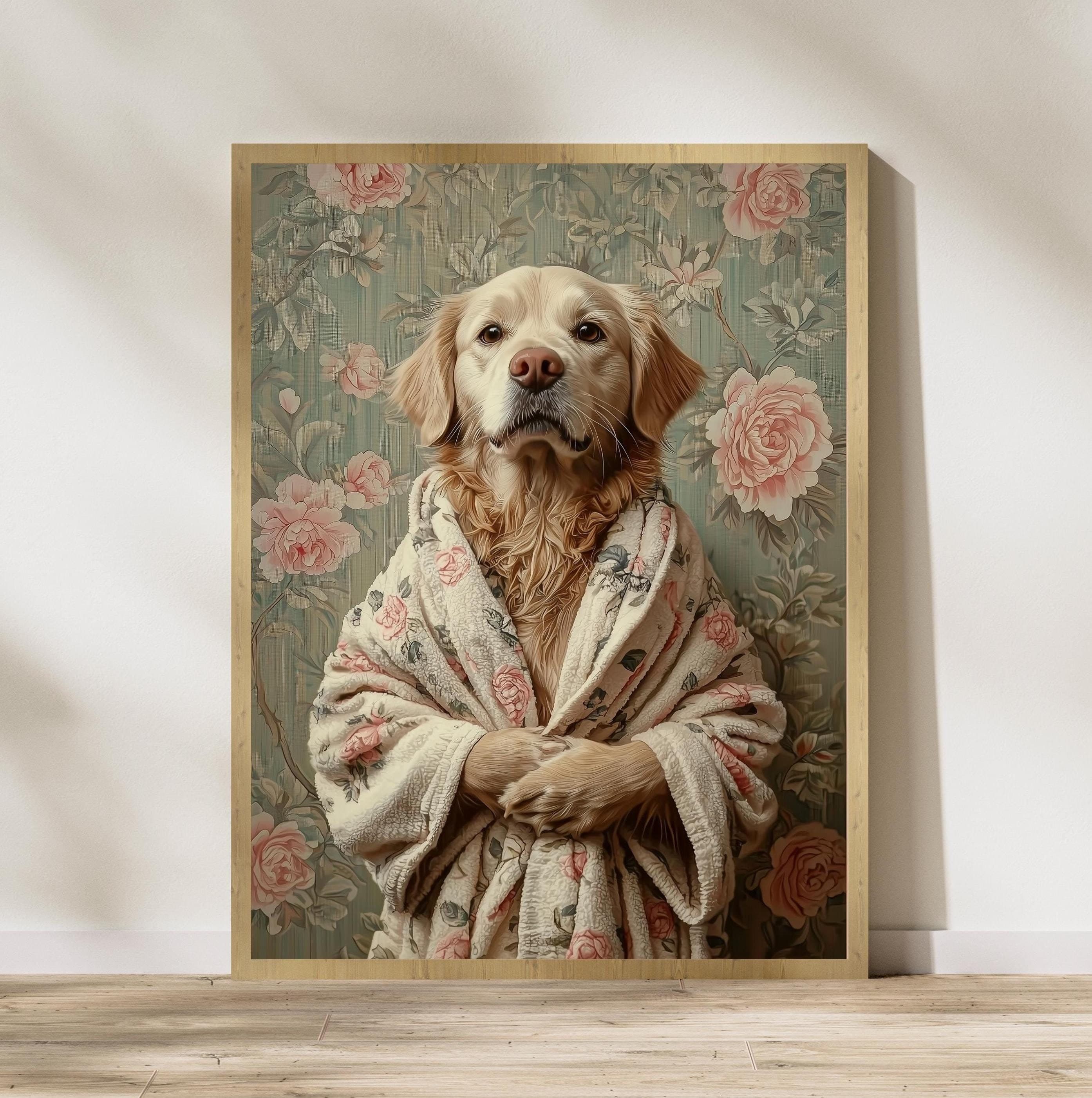 Golden Retriever in Bathrobe DIGITAL DOWNLOAD, Dog Printable Wall Art, Floral Dog Print, Funny Pet Decor, Dog Lover Gift, Retro Dog Poster