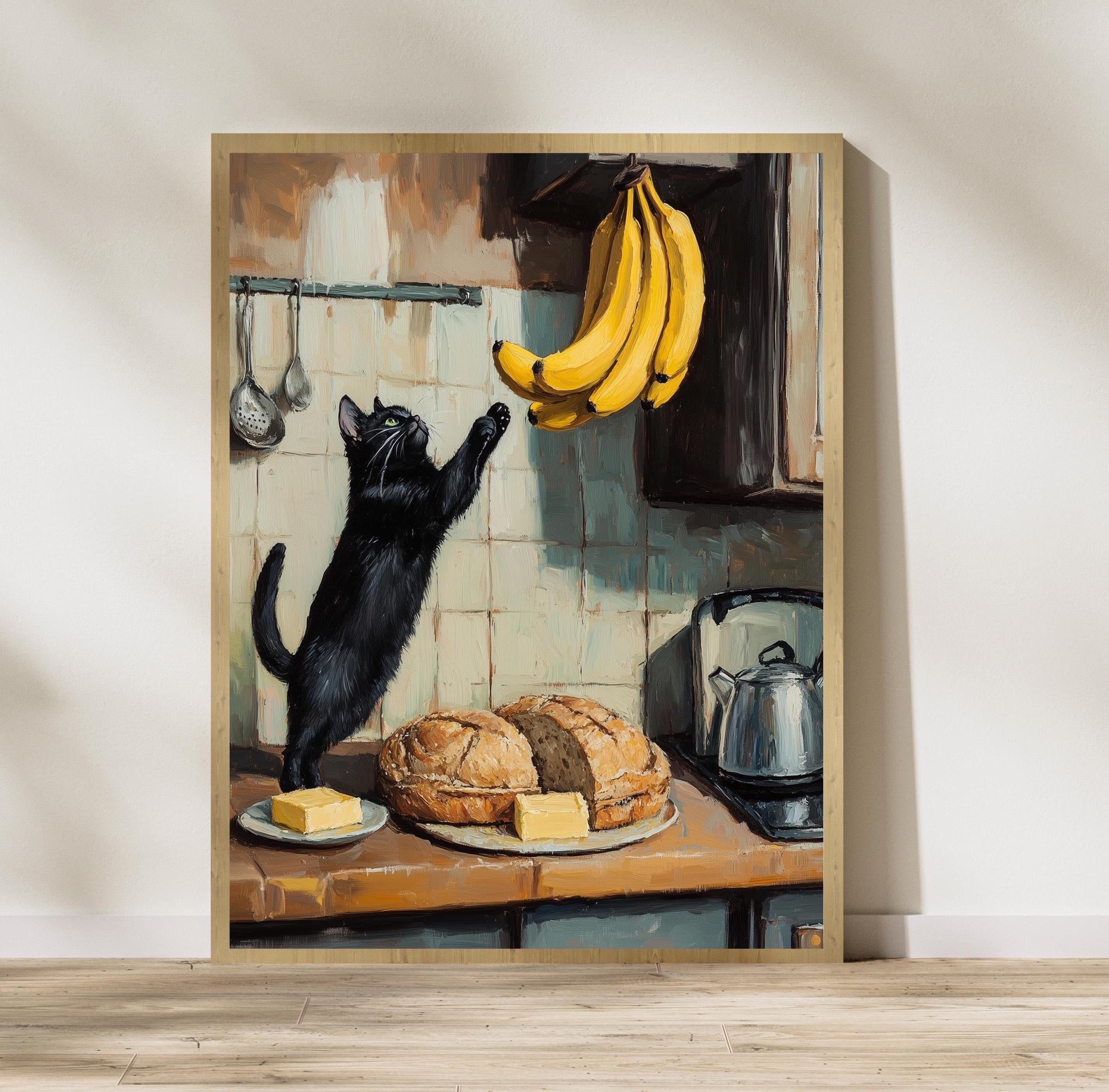 Vintage Black Cat in Kitchen – Whimsical Wall Art, Playful Black Cat Kitchen Art, Perfect Cat Lover Gift, Black Cat and Bananas Wall Art