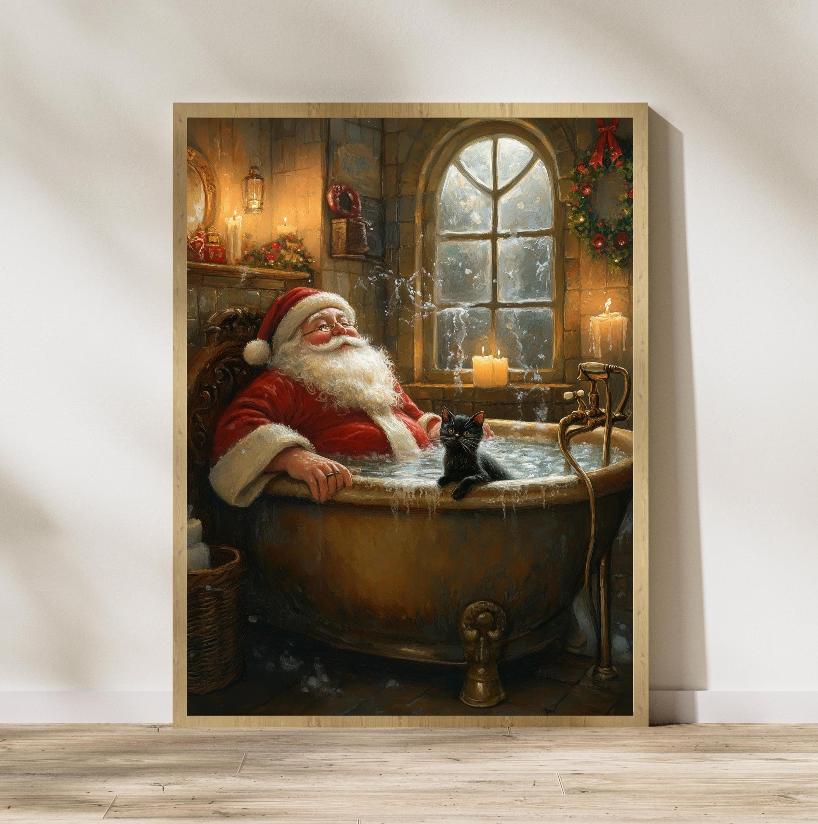 Santa Claus and Black Cat in Bathtub DIGITAL DOWNLOAD, Cat PRINTABLE Wall Art, Maximalist Christmas Home Decor, Santa and Black Cat Wall Art