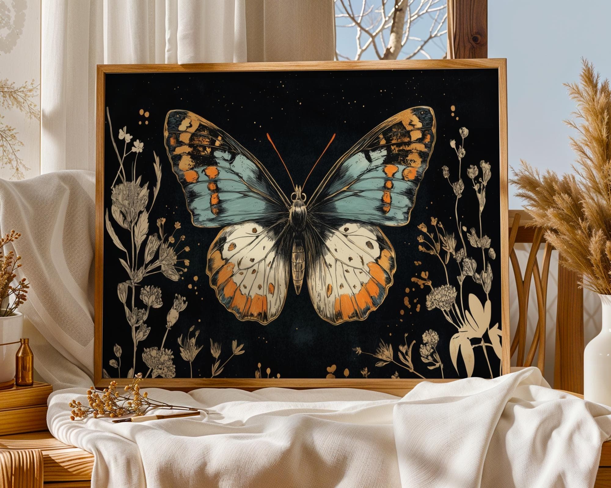 Blue Butterfly Botanical Wall Art Print – Vintage Insect, moody moth wall decor, butterfly printable, boho floral woodland moth cottagecore