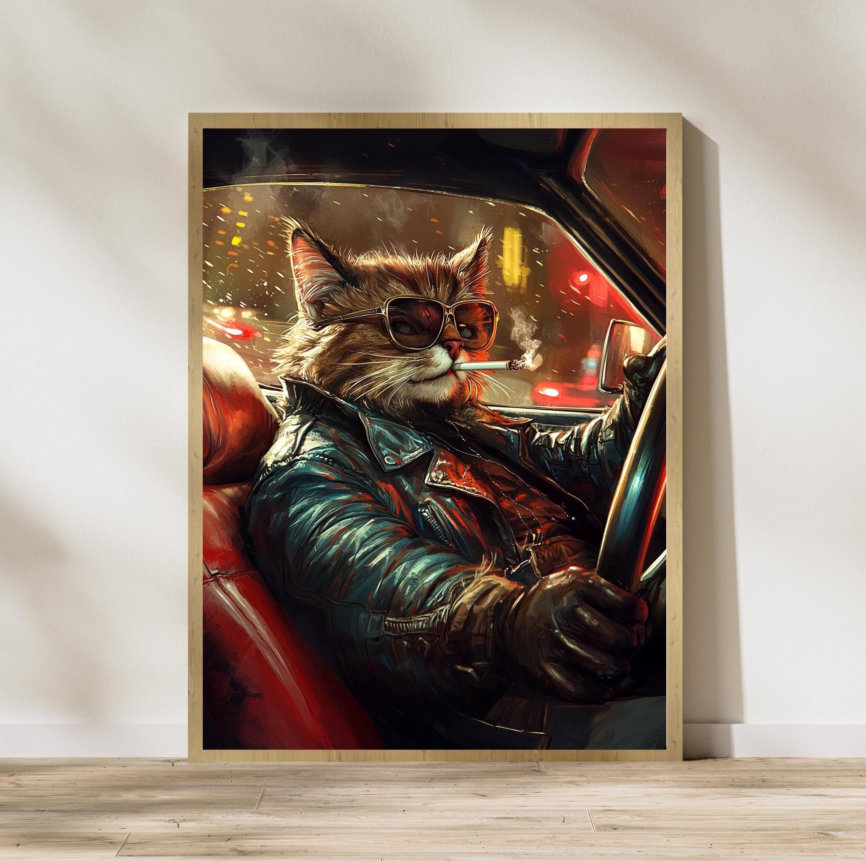Retro Cool Cat Leather Jacket Print, Driving Car Wall Art (Digital Download)