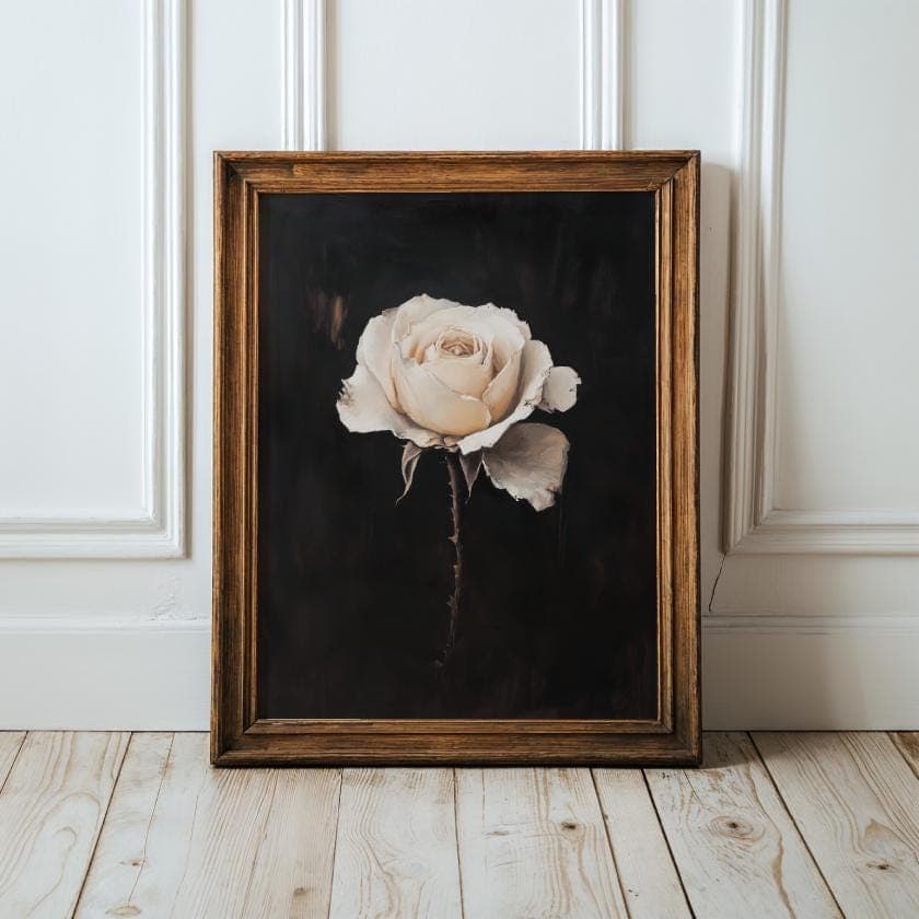 Faded Rose Portrait Print, White Rose Wall Art – Minimalist Oil Painting Floral Print, White Botanical Flower Print, Moody Floral Print