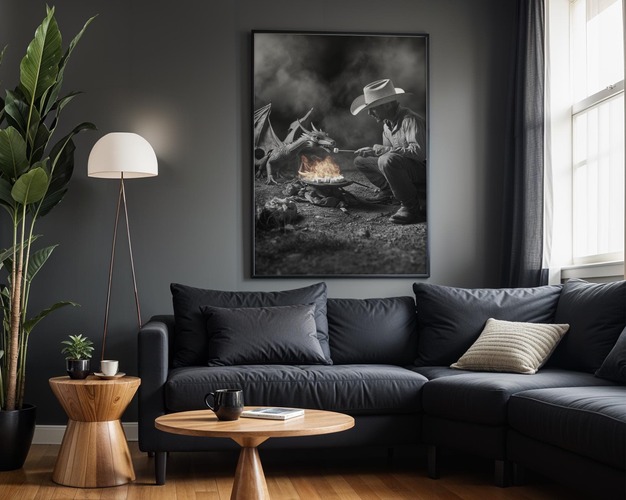 Cowboy and Dragon Campfire Fantasy Wall Art in Black and White Surreal Western Dragon Print, Fantasy Western Dragon Campfire Poster - view 4