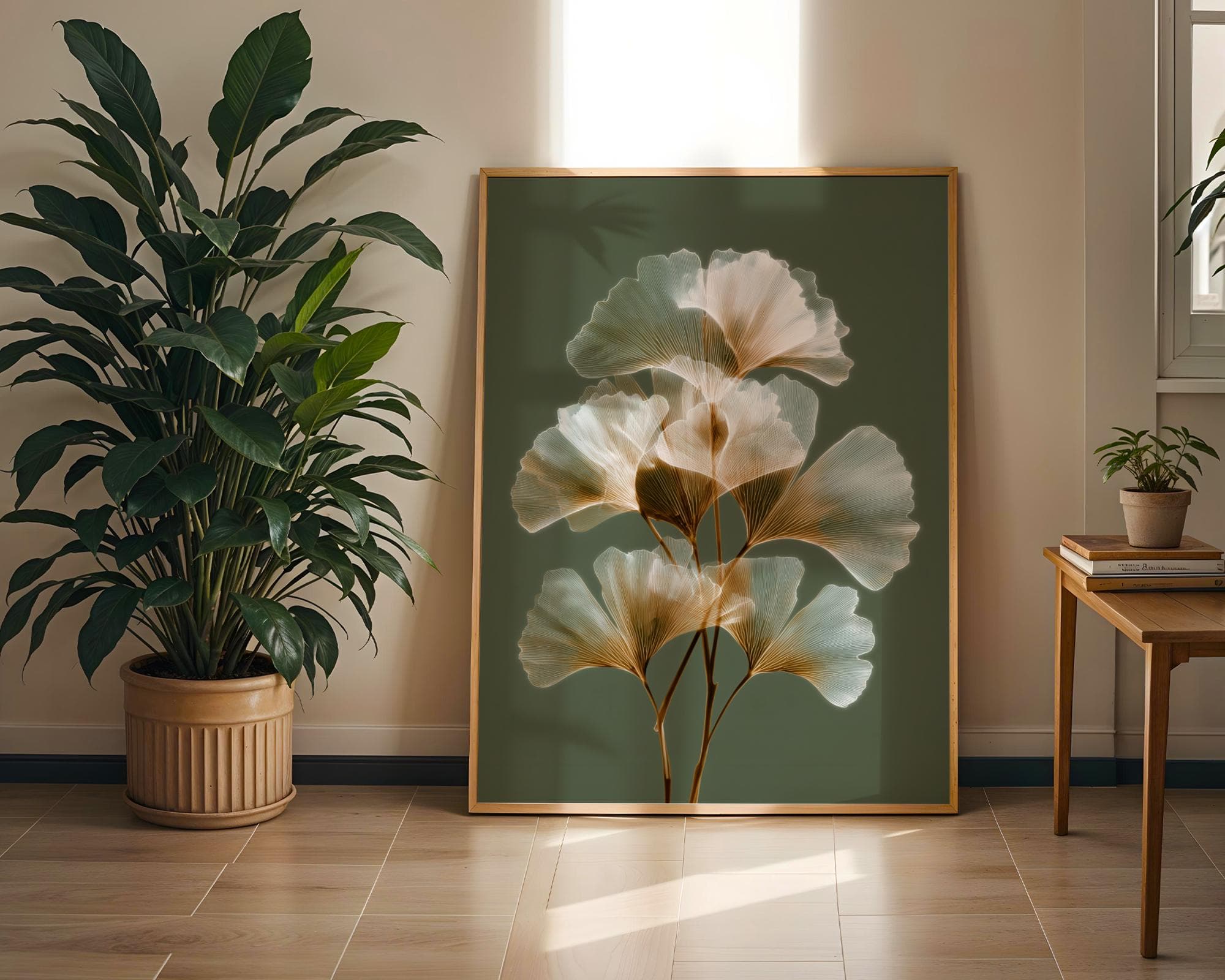 X Ray Ginkgo Leaf Wall Art Botanical Green Beige Radiograph Print Modern Minimal Nature Decor, Elegant Natural Art Print, Minimalist Floral - view 5