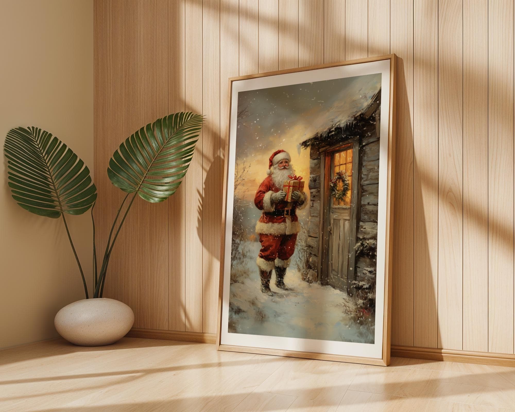 Santa Delivering Christmas Gift Poster, Digital Download, Christmas Eve Santa Art - Winter Wonderland Rustic Decor,Holiday Wall Art Painting - view 5