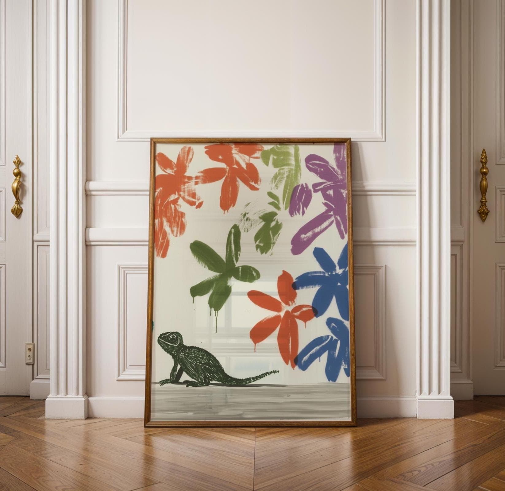 Colorful Chameleon Wall Art, Boho Tropical Home Decor Print, Whimsical Chameleon Painting, Whimsical Animal Painting, Digital Download