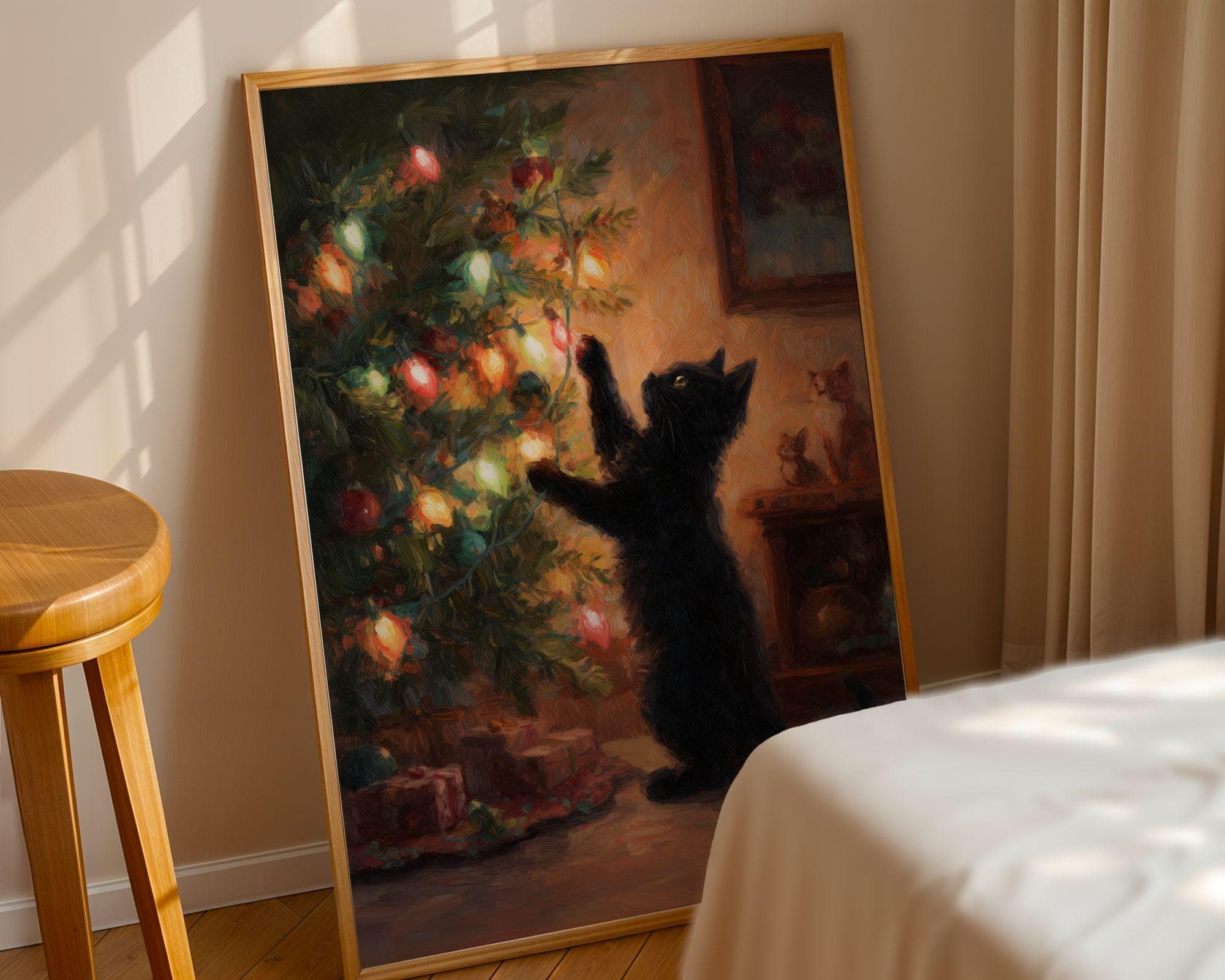Black Cat Christmas Art Print, Christmas Cat Wall Art, Festive Black Cat Christmas Poster, Festive Oil Painting Print, Digital Download - view 4