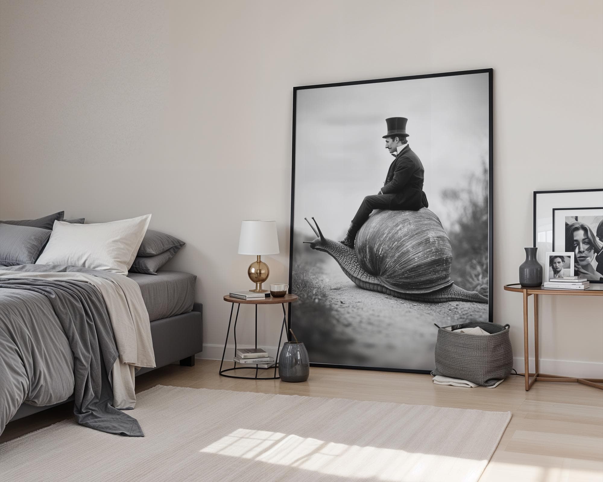 Victorian Gentleman on Giant Snail Wall Art, Surrealist Black and White Fantasy Wall Art, Weird Whimsical Art, Monochrome Surreal Decor - view 4