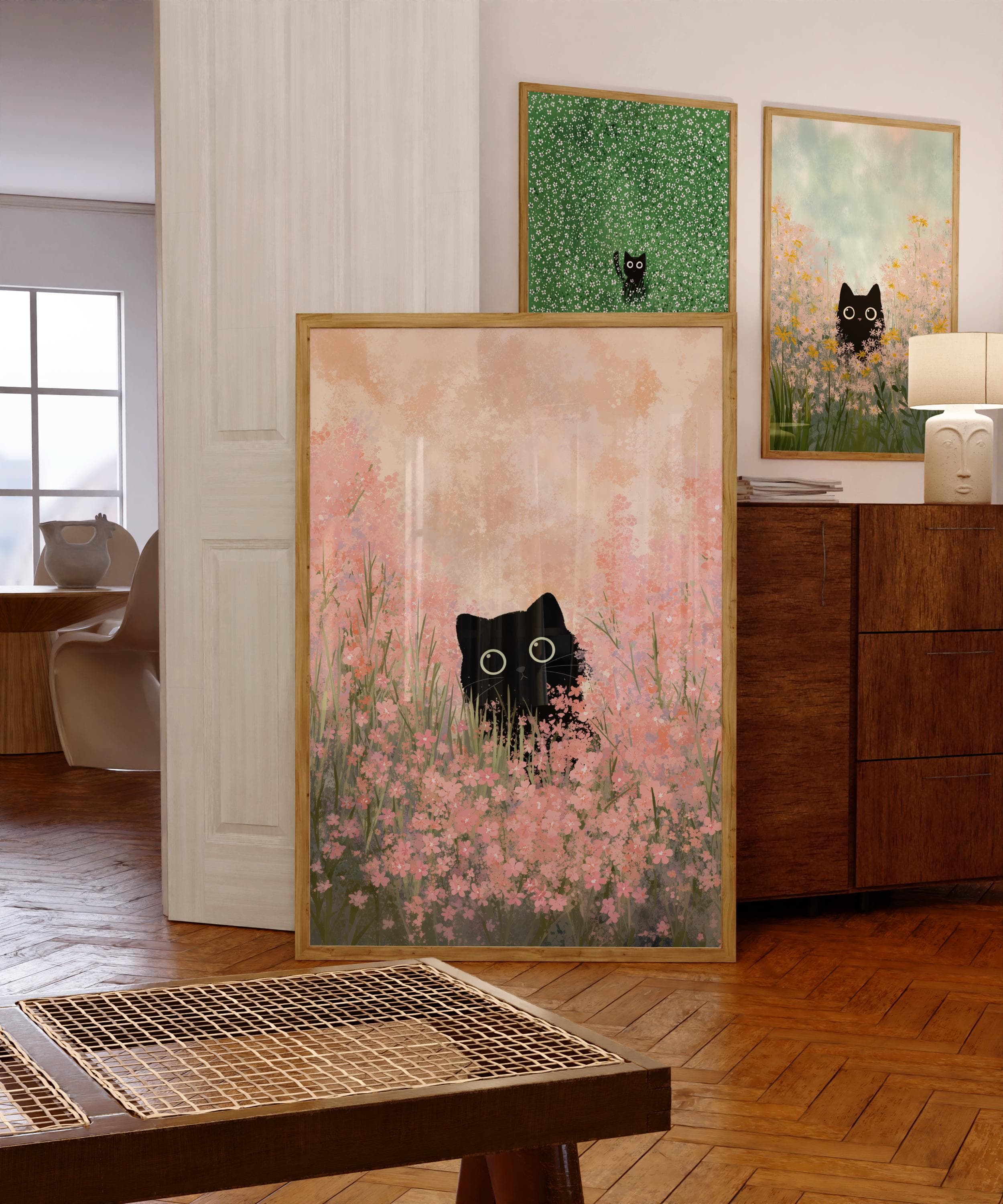 Black Cat in Pink Flower Field, Whimsical Animal Art, Floral Cat Wall Art, Black Cat Art Print, Whimsical Black Cat Painting, Black Cat Art