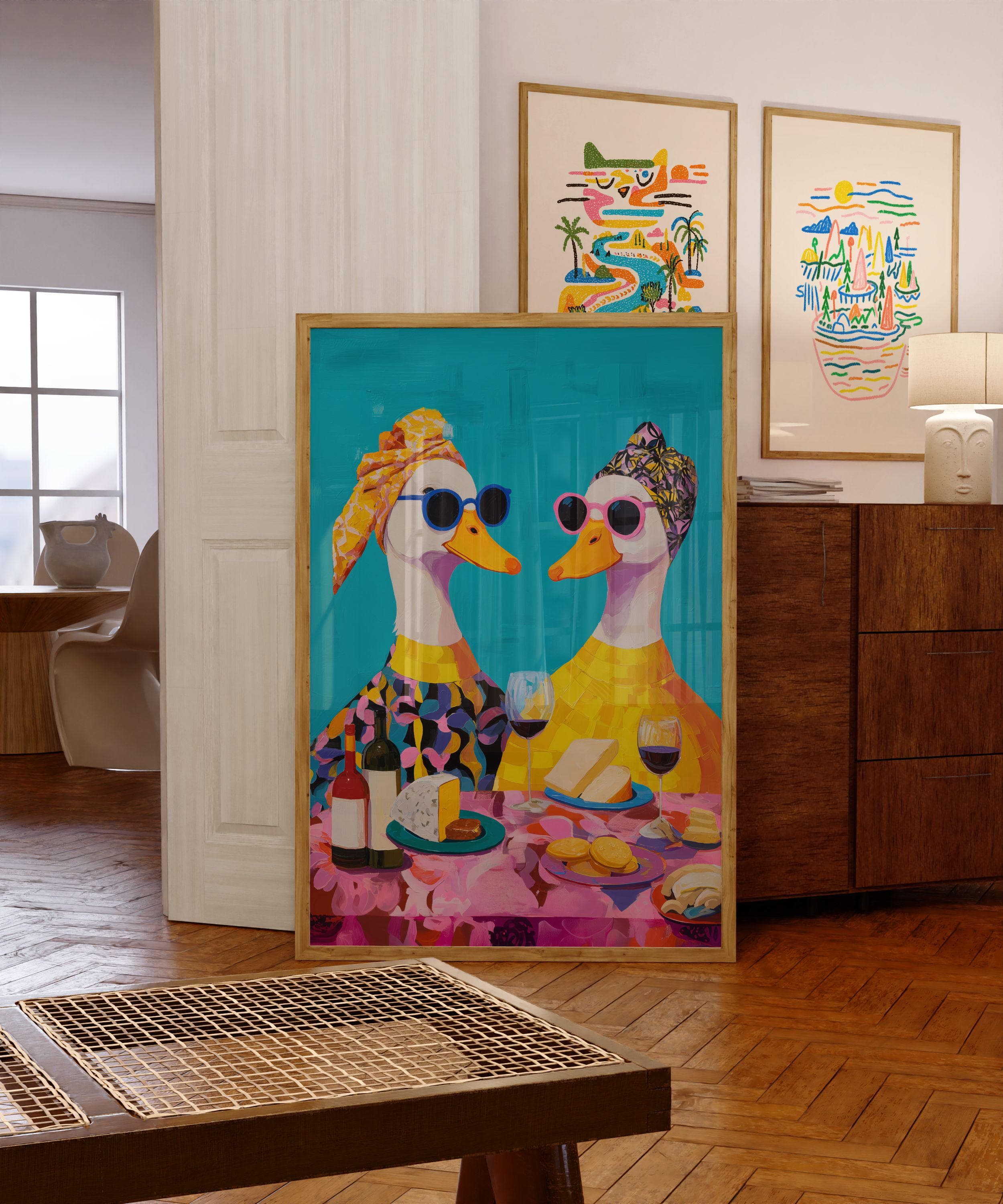 Funny Duck Couple Kitchen Wall Art, Colorful Duck Wine Dinner Art, Whimsical Duck Couple Painting, Pop Art Duck Kitchen Decor, Wine Lover
