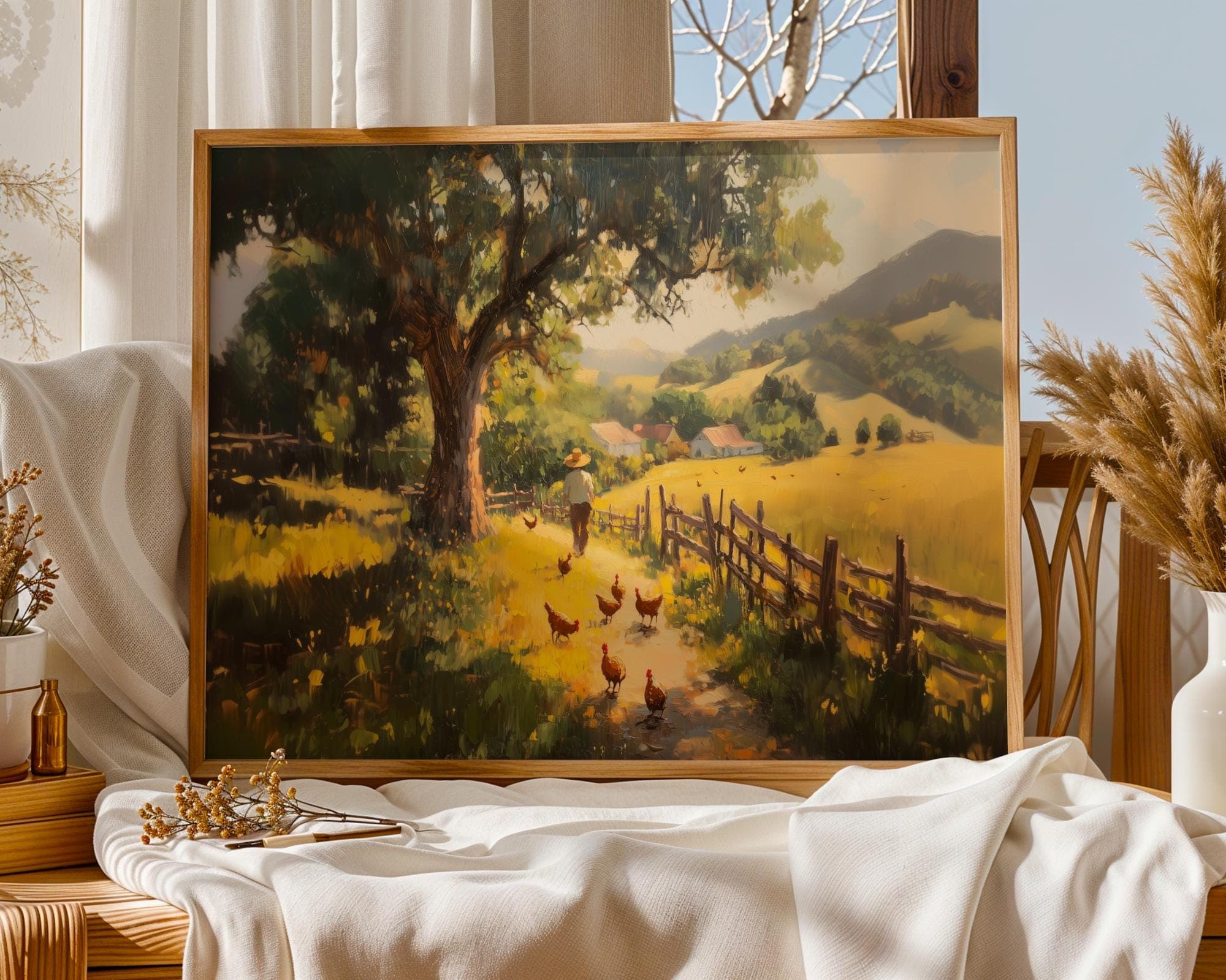Rustic Farm Landscape Wall Art, Chicken Coop Country Path Painting, Vintage Farmhouse Decor Print with Barns and Golden Fields