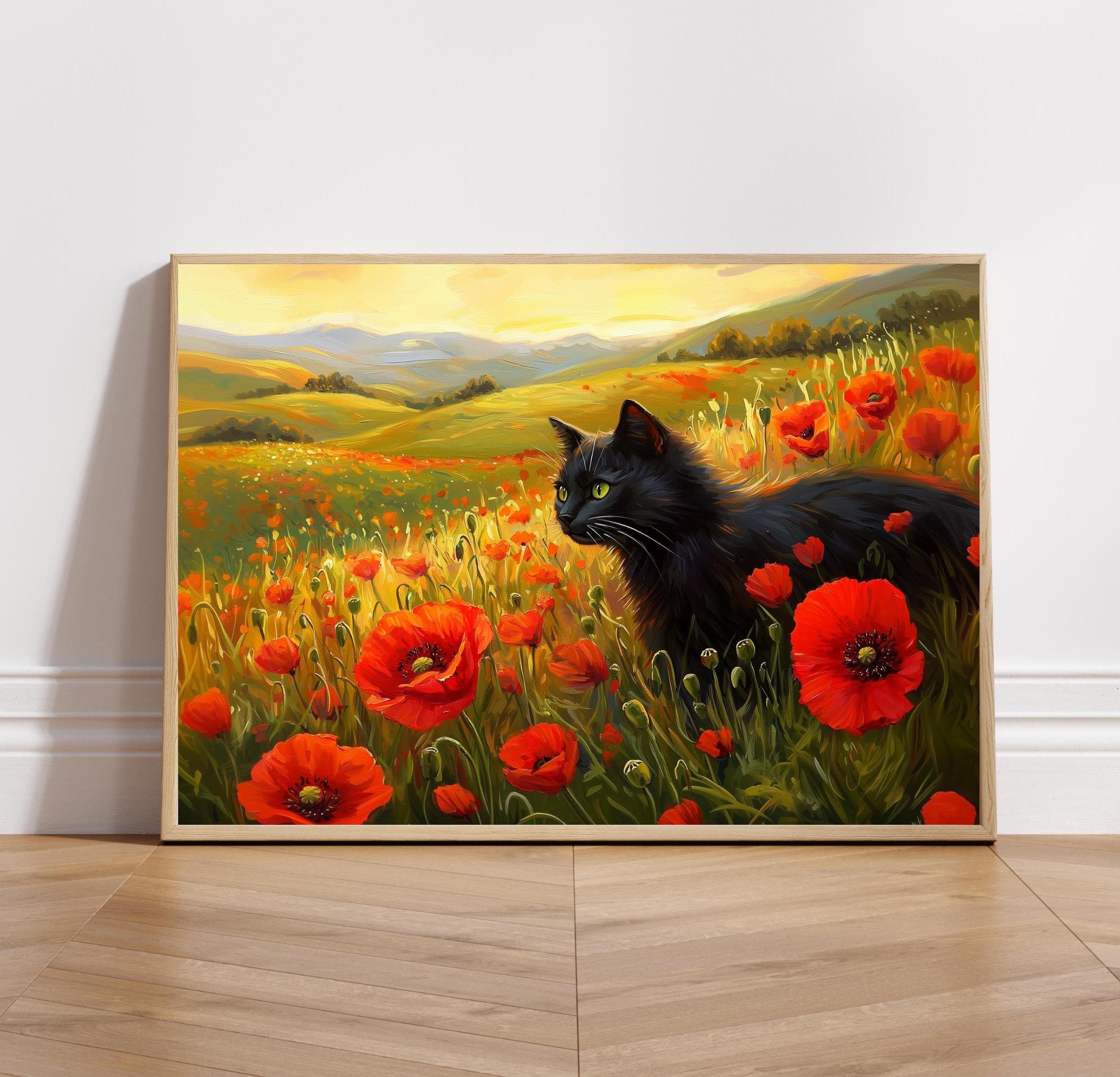 Black Cat Floral Art, Vintage Black Cat Printable Wall Art, Colorful Animal Landscape Wall Art, Unframed, Digital Wall Art, Black Cat Poster