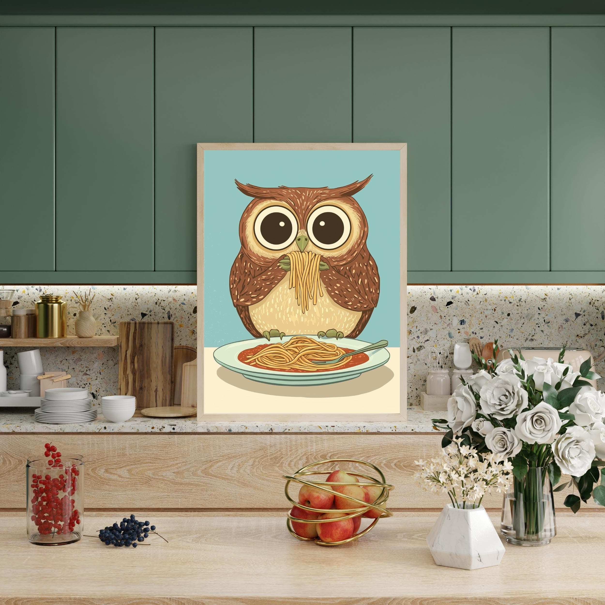Owl Spaghetti Art Print,Whimsical Owl Kitchen Decor, Owl Pasta Print, Charming Owl Kitchen Print, Maximalist Owl Art, Owl Wall Prints - view 4