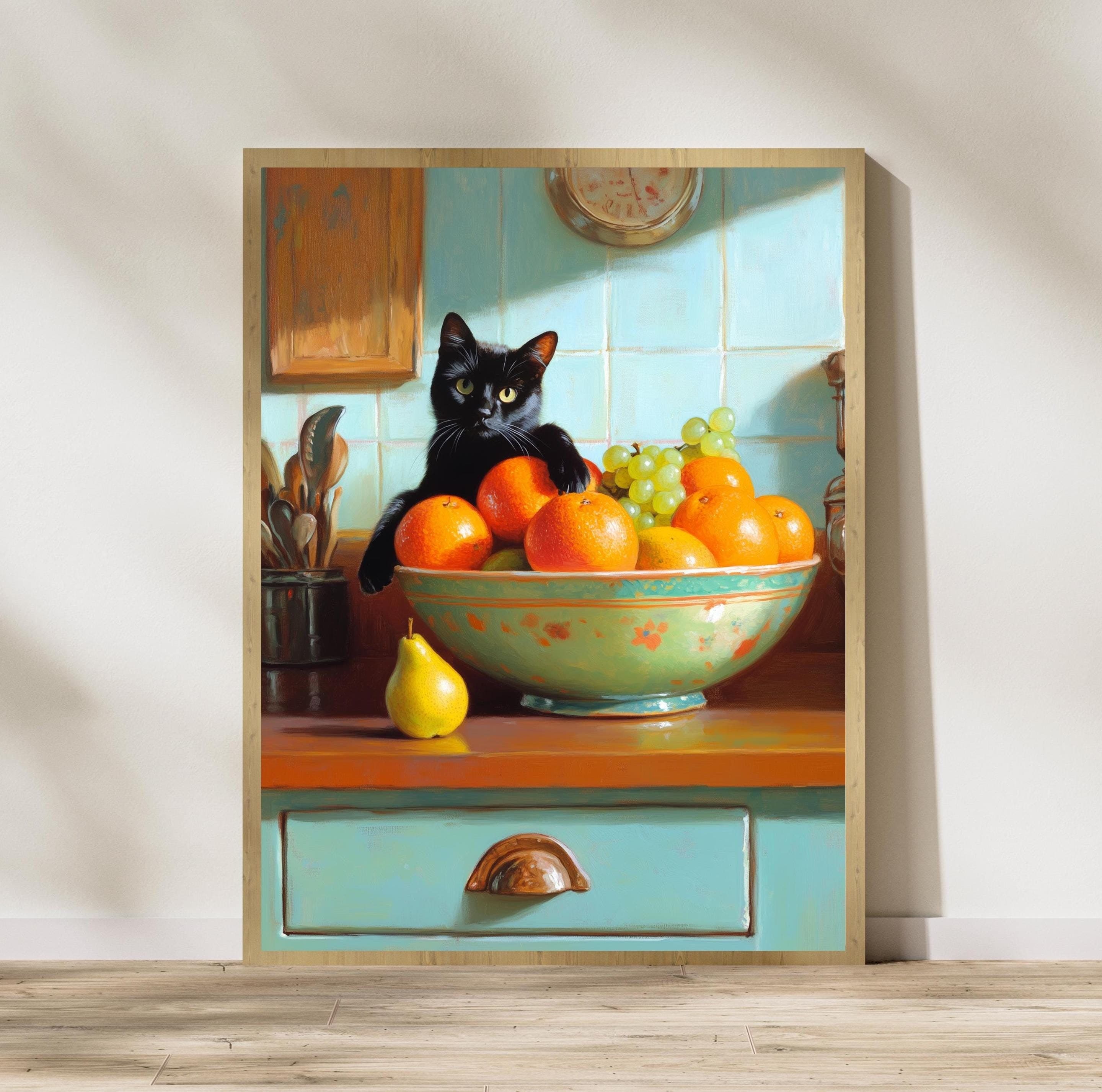 Black cat with fruit bowl painting, Playful kitchen wall art, Orange and grape still life painting, Colorful kitchen wall decor, Kitchen Art