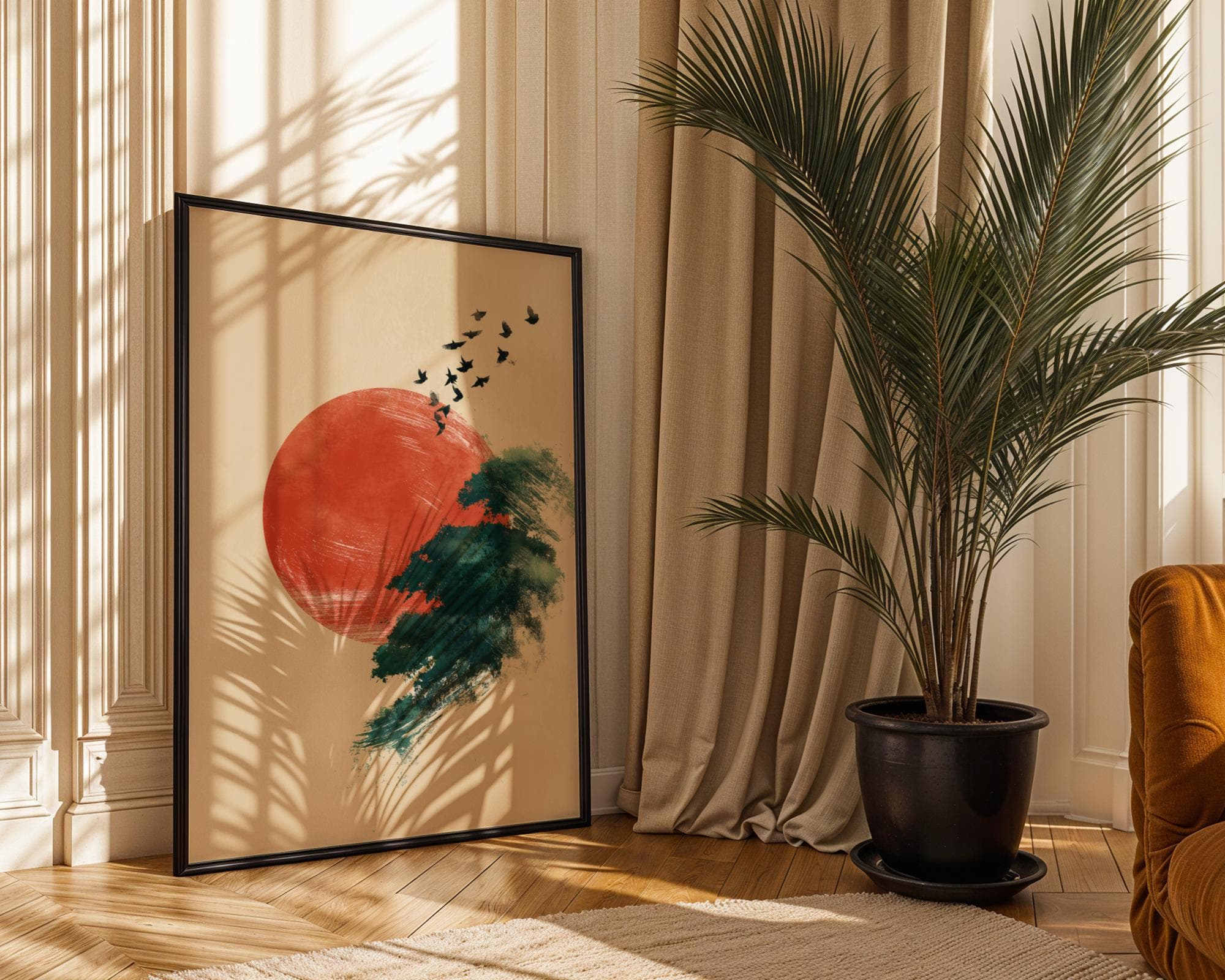 Japandi Minimalist Wall Art | Red Sun and Flying Birds Print | Zen Nature Landscape Painting for Modern Home Decor, Modern Oriental Art - view 3