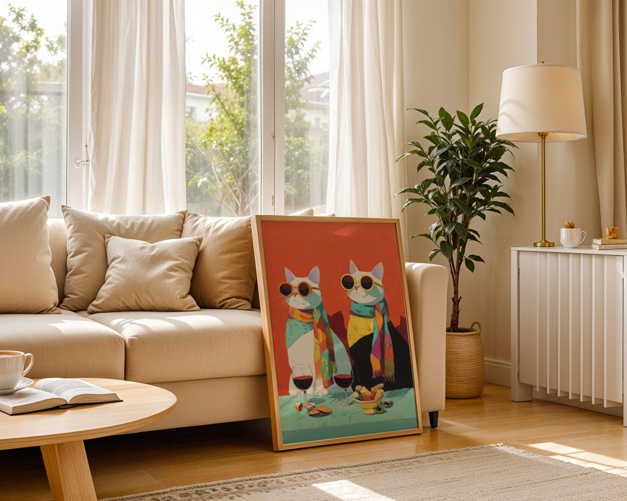 Funny Cat Couple Wine Wall Art, Modern Cat Couple Wall Decor, Quirky Cat Kitchen Wall Art, Funky Cats Kitchen Decor, Hipster Cats Wine Art - view 9