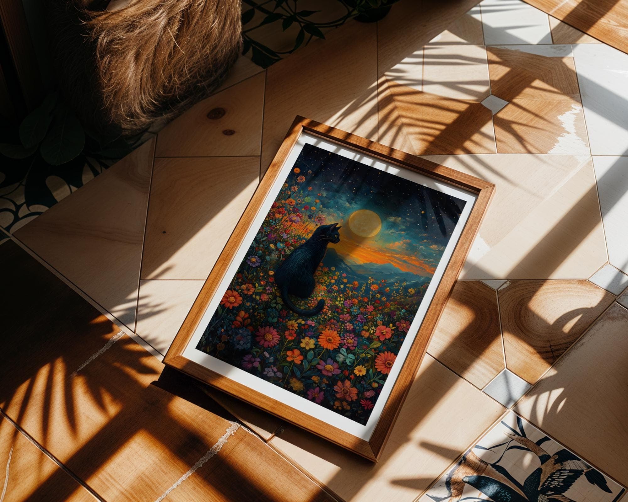 Floral Black Cat Wall Decor, Black Cat Moonlit Wall Art, Starry Night Cat Wall Art, Floral Moonlight Poster, Flower Cat and Moon Wall Decor - view 4