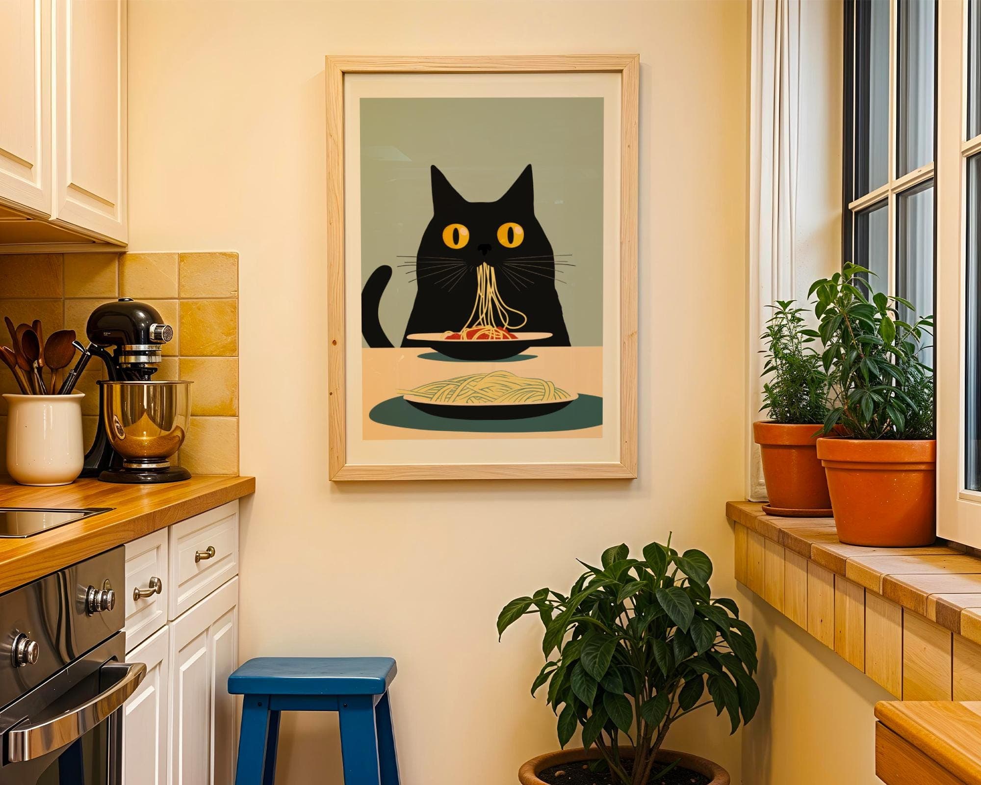 Black Cat Spaghetti Art Print, Whimsical Cat Kitchen Decor, Black Cat Pasta Print, Cat Kitchen Print, Digital Download, Digital Animal Art - view 4
