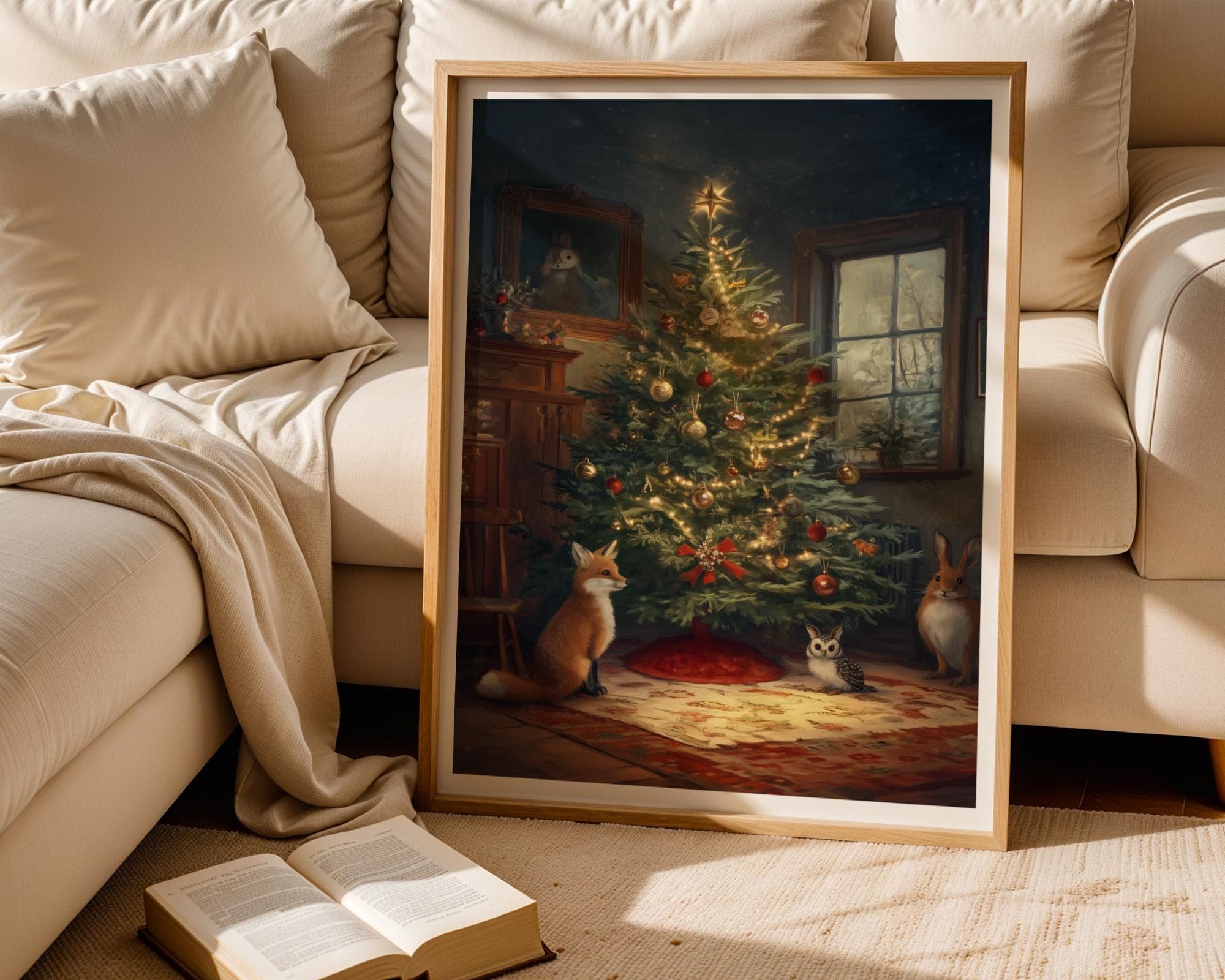 Whimsical Holiday Wall Art, Fox, Owl, Rabbit Art, Winter Wall Decor, Christmas Wall Gift, Woodland Holiday Art, Festive Art Print, Christmas - view 3