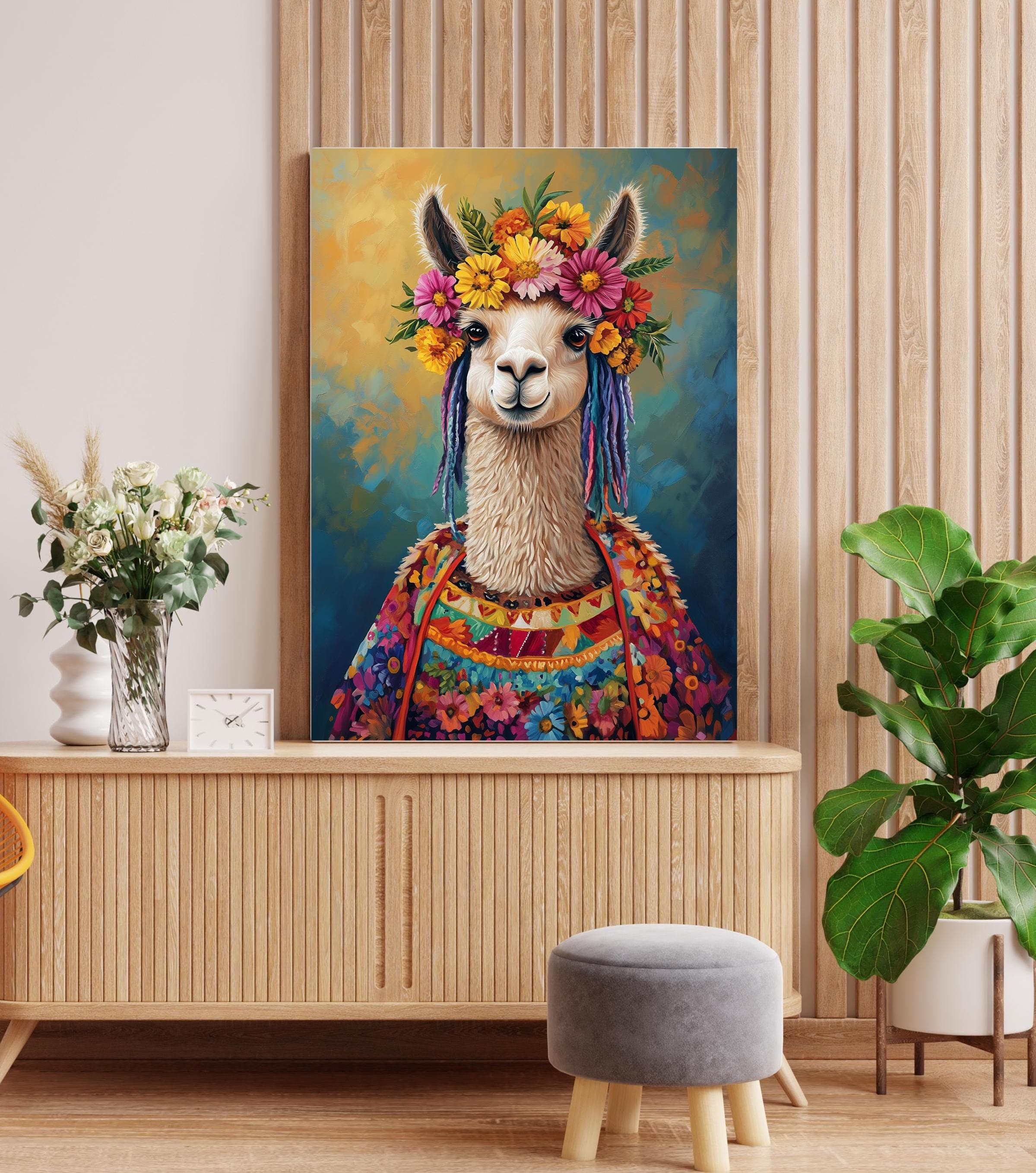 Eclectic Llama Art Print, Boho Wall Art, Colorful Llama Wall Art – Bohemian Animal Painting with Flowers, Whimsical Llama Art, Llama Poster - view 4