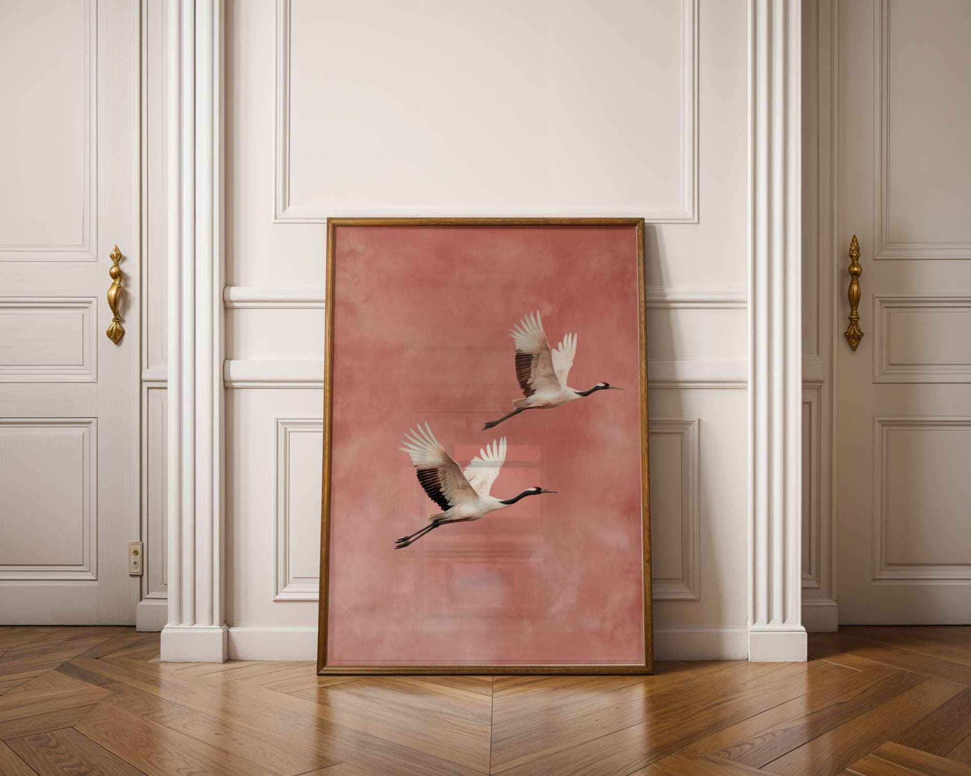 Japandi Crane Wall Art, Wabi-Sabi Decor, Scandinavian Wall Art,Minimal Birds, Neutral Tones, Flying Crane Wall Art, Blush Pink Bird Painting