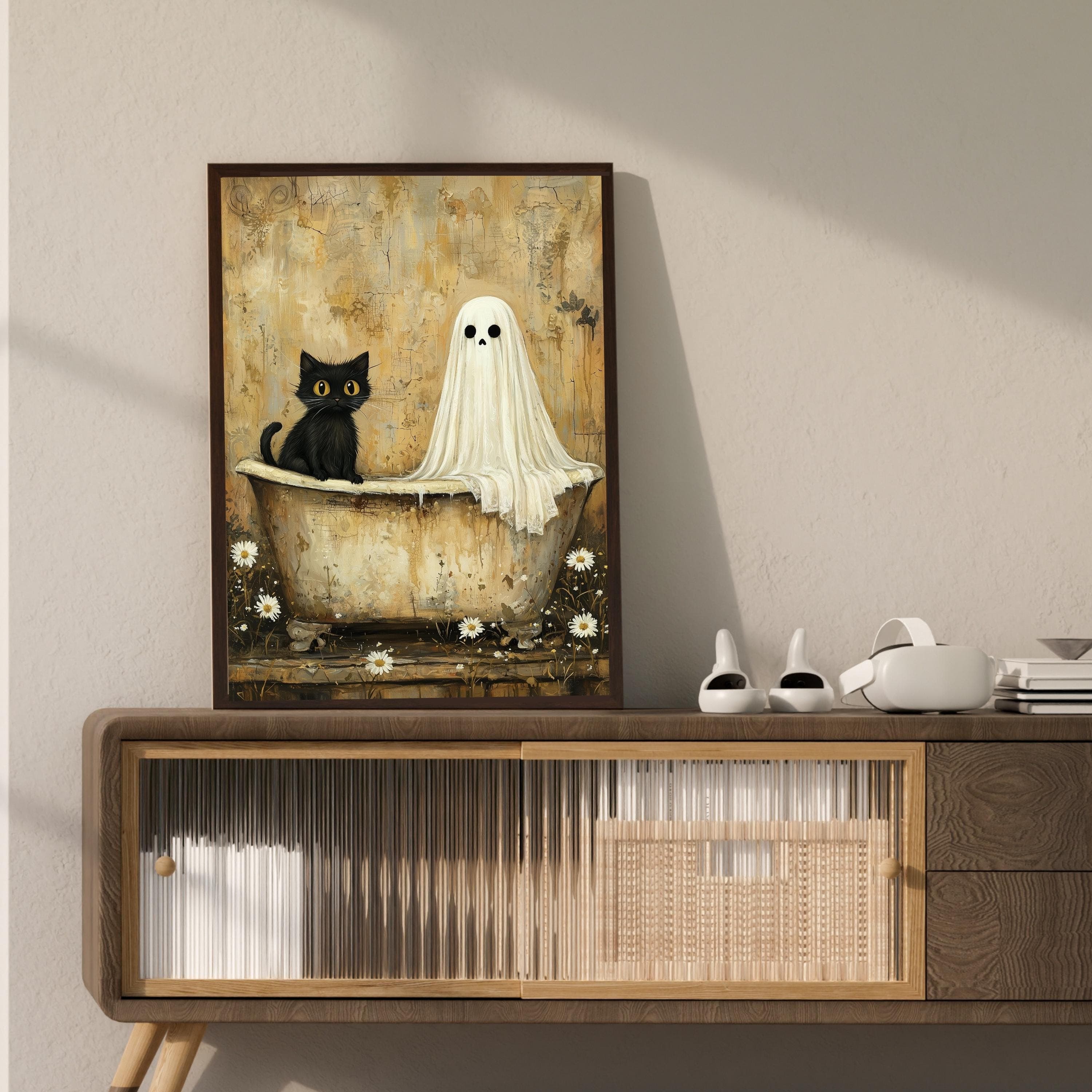 Ghost and black Cat in Bathtub, Spooky Romantic Halloween Art, Black Cat Print, Whimsigoth Bathroom Decor, Whimsical Spooky Digital Print - view 5