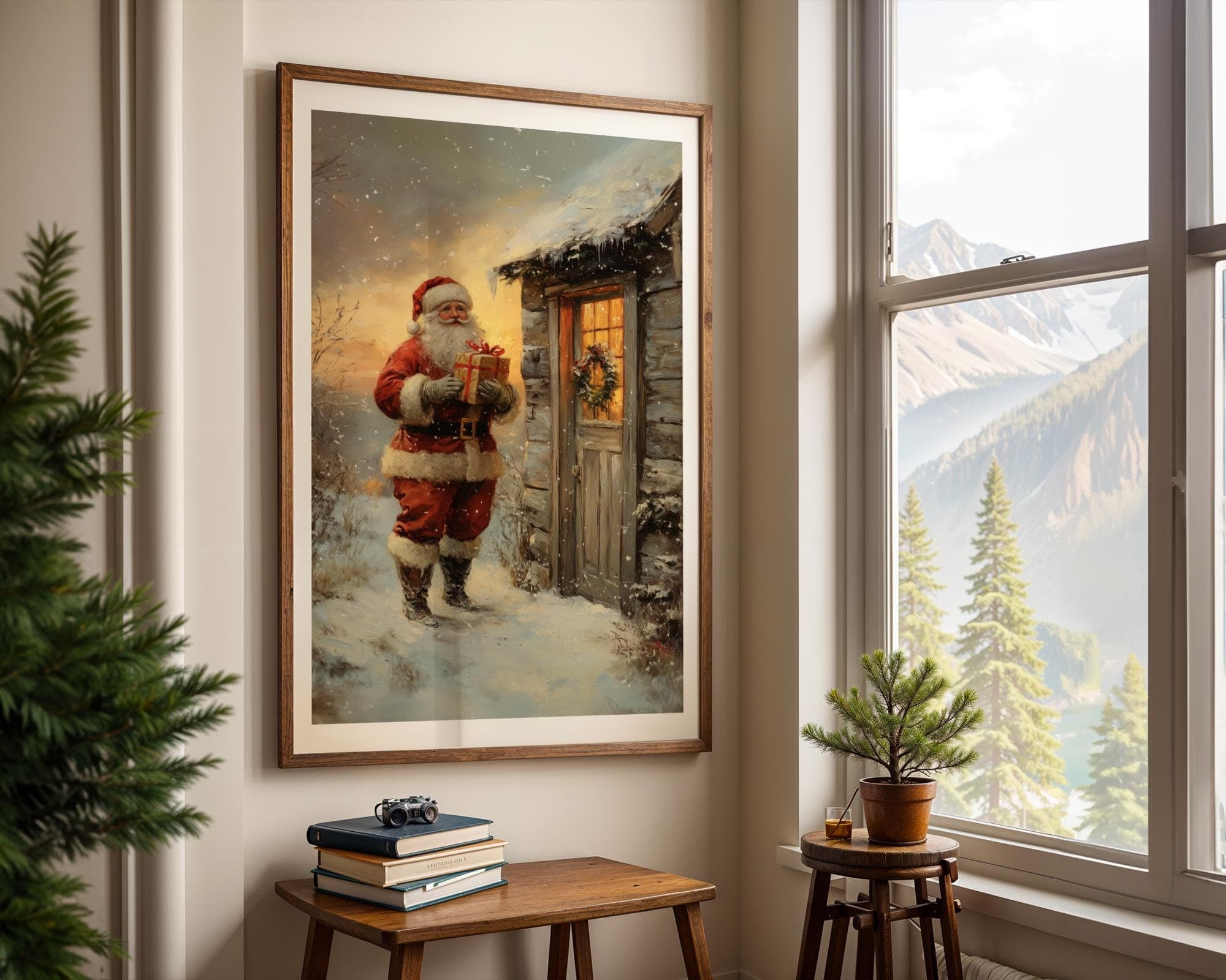 Santa Delivering Christmas Gift Poster, Digital Download, Christmas Eve Santa Art - Winter Wonderland Rustic Decor,Holiday Wall Art Painting - view 3