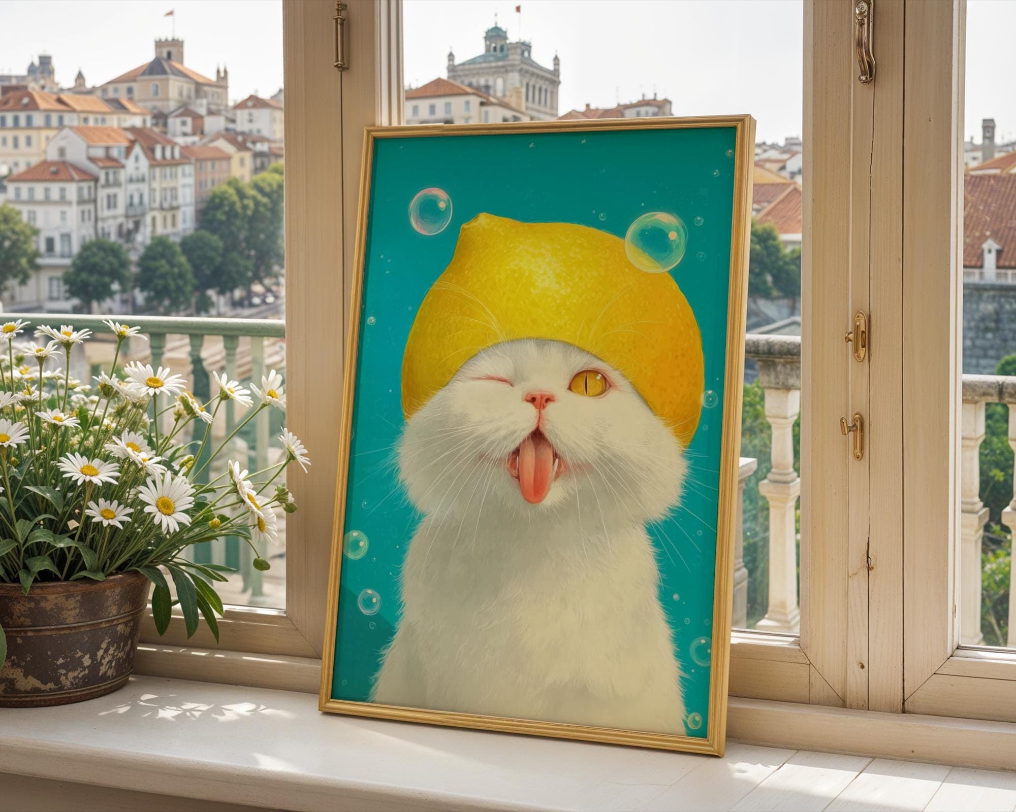 Funny Lemon Hat White Cat Art Print, Whimsical Animal Wall Art, Cute Playful Kitten Wall Art, Art Digital Download, Kawaii Cute Animal Art - view 2