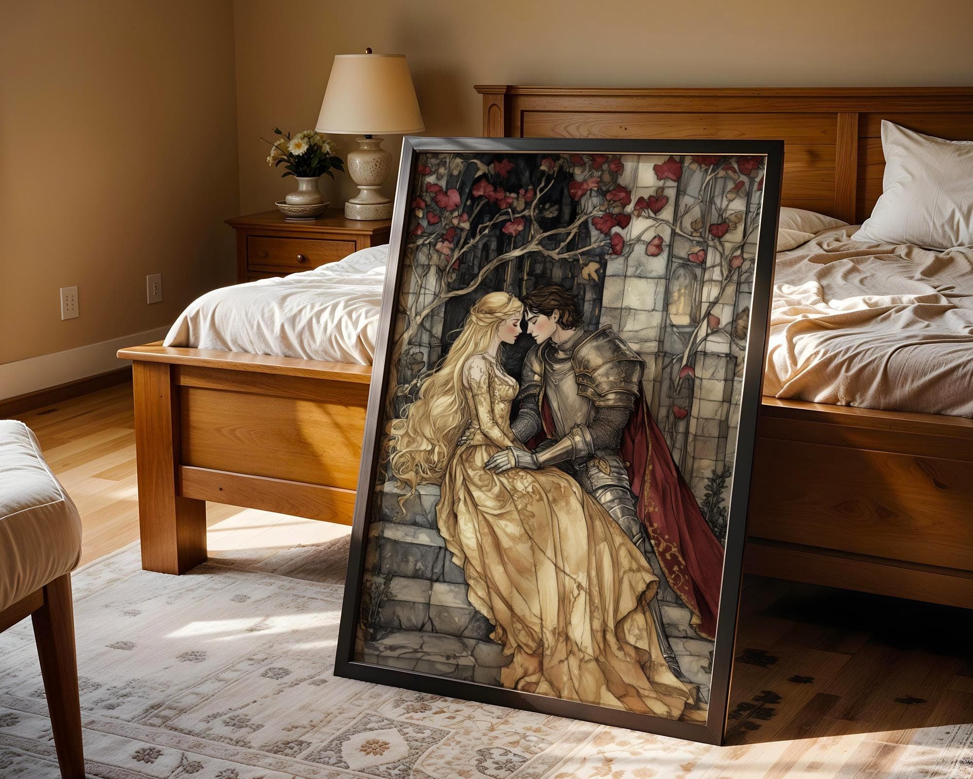 Medieval Knight Art Print, Medieval Princess Art Print, Romantic Fairytale Digital Print, Medieval Love Print, Medieval Lovers Digital Art - view 4