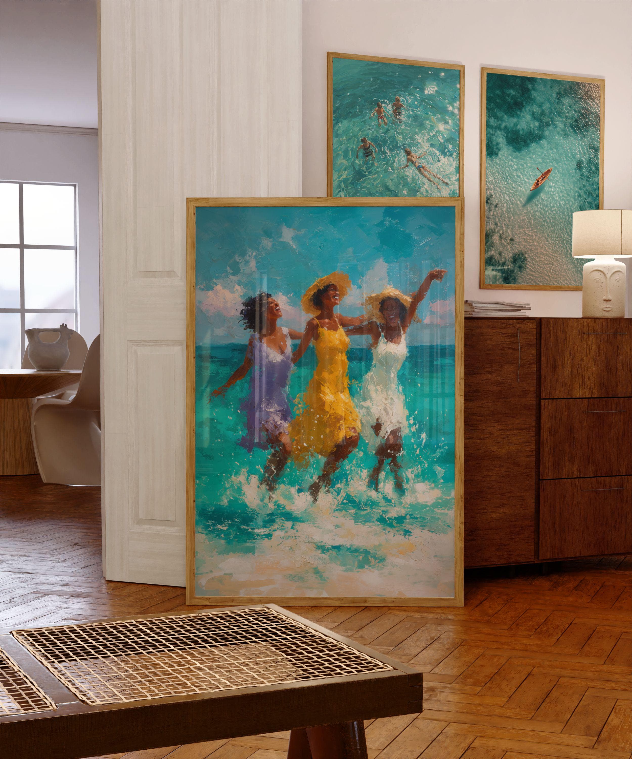 Beach Wall Art Print, Ocean Waves Painting, Summer Friends in Surf, Coastal Decor, Afrocentric Decor, Oil Painting Print, Digital Art