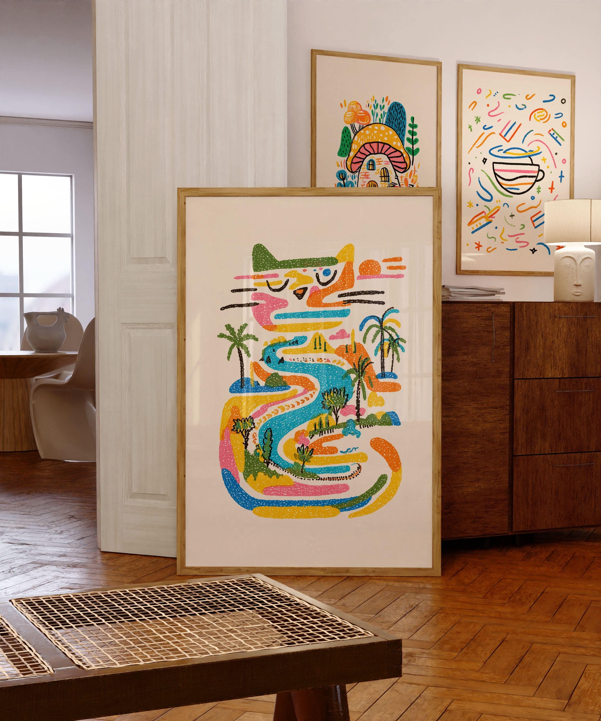 Tropical Cat River Art Print, Colorful Crayon Style (Digital Download)