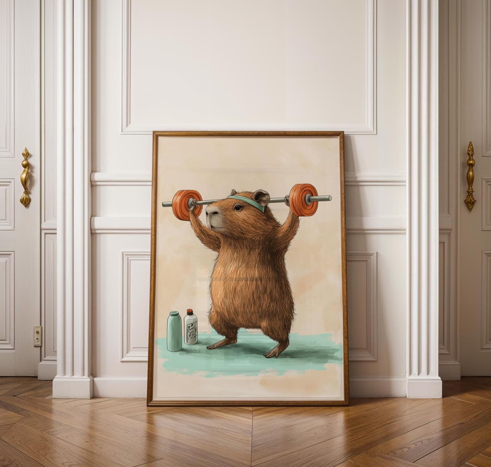 Funny Gym Capybara Wall Art, Funny Fitness Capybara Art Print, Quirky Wall Art, Fitness Motivation Decor, Quirky Capybara Weightlifting Art